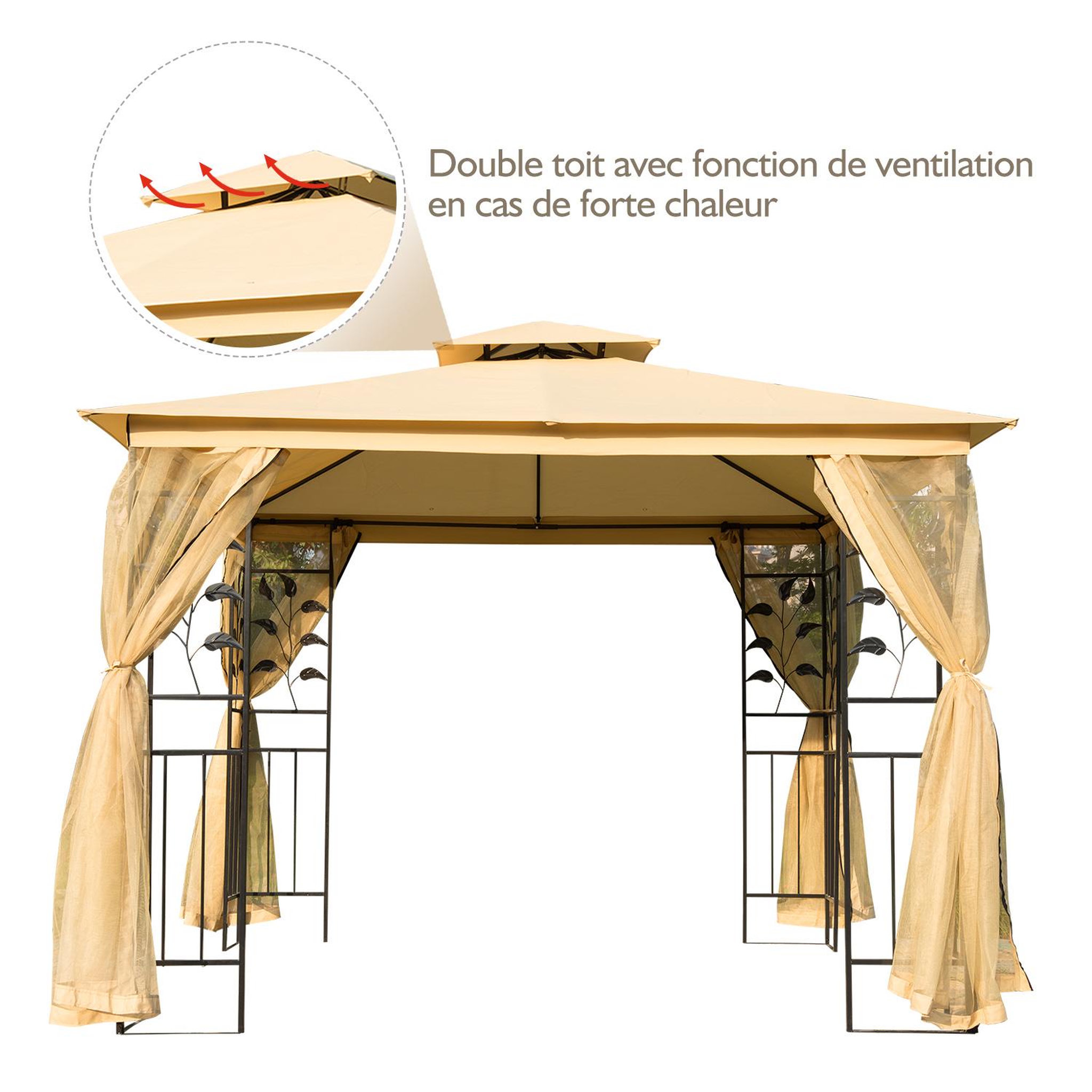 Voir la diapositive 4 : OUTSUNNY Tonnelle barnum style colonial double toit toiles moustiquaires amovibles 3L x 3l x 2,65H m beige noir
