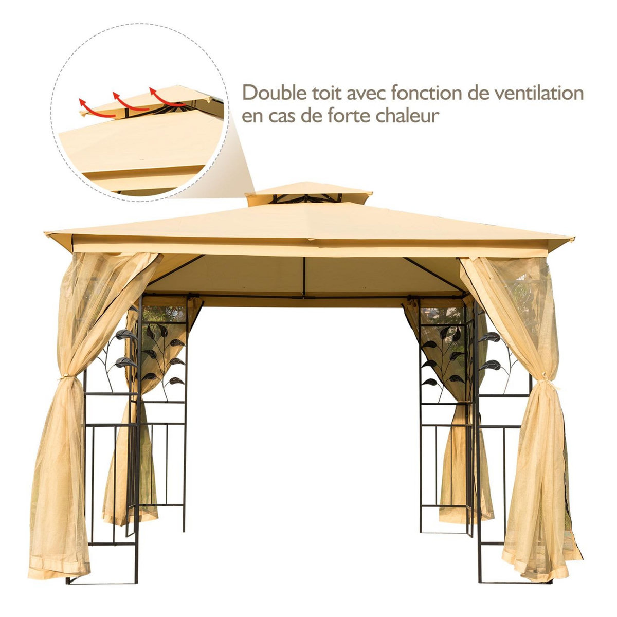 OUTSUNNY Tonnelle barnum style colonial double toit toiles moustiquaires amovibles 3L x 3l x 2,65H m beige noir