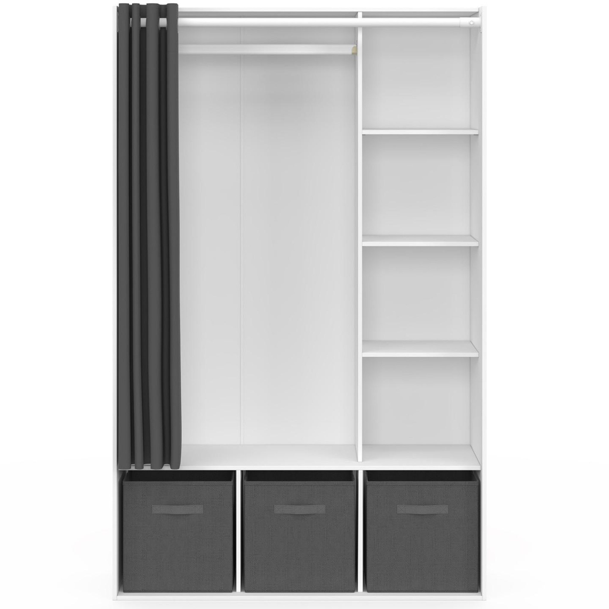 Voir la diapositive 3 : ID MARKET Dressing penderie diane 105 x 45 x 167 cm blanc avec étagères + boites de rangement + rideau gris