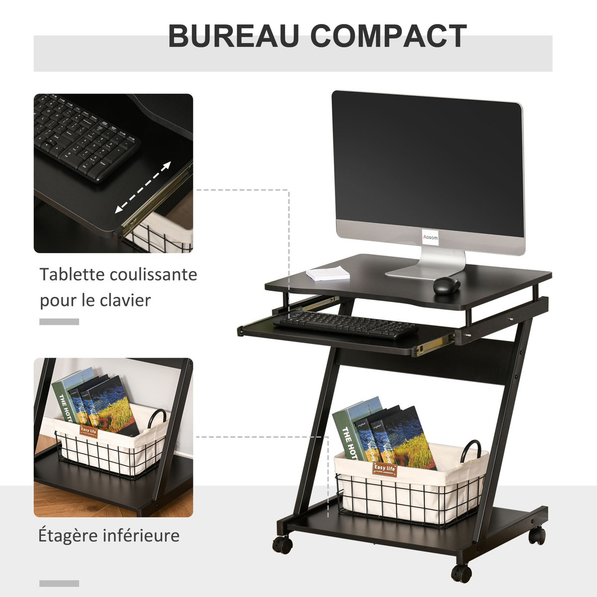 HOMCOM Bureau informatique roulant - bureau mobile - table d'ordinateur - tablette coulissante clavier + étagère - noir
