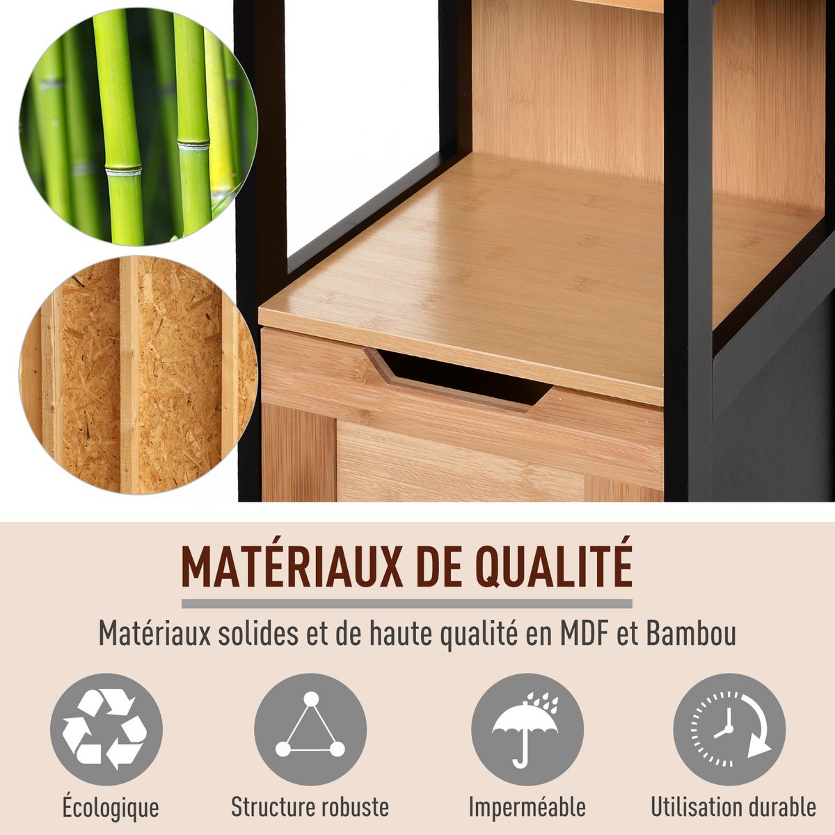 HOMCOM Meuble colonne rangement salle de bain style cosy dim. 30L x 30l x 144H cm 3 étagères 2 tiroirs bambou MDF noir