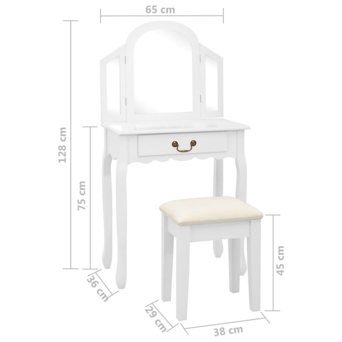 VIDAXL Coiffeuse et tabouret Blanc 65x36x128 cm Bois de paulownia MDF
