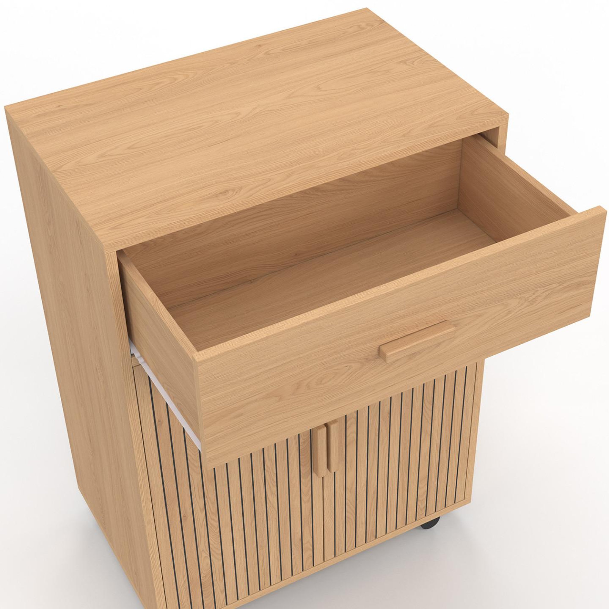 Voir la diapositive 6 : ID MARKET Desserte de cuisine juliette placard avec tiroir effet lattes tasseau bois l.60 cm
