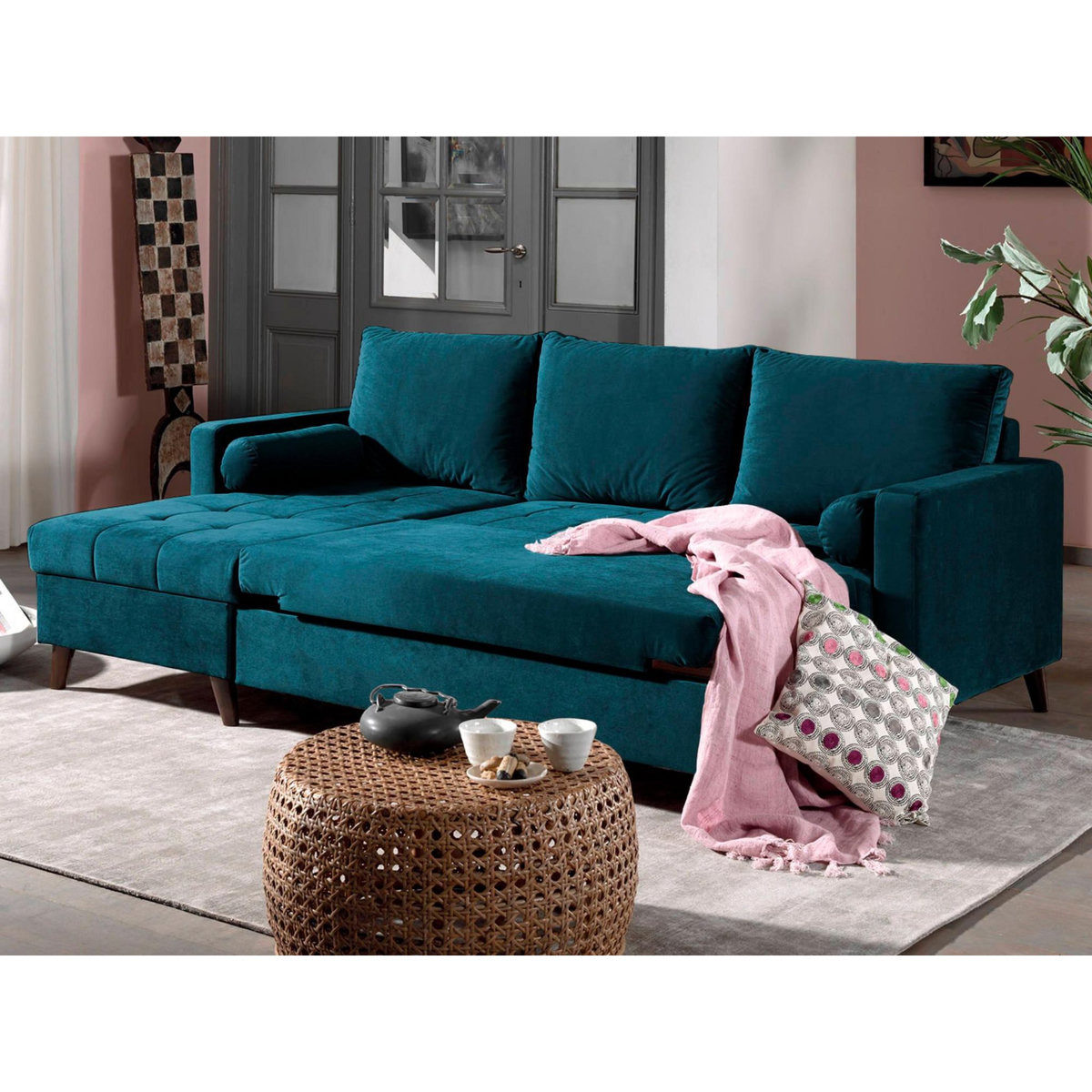 BEST MOBILIER Polar - canapé d'angle réversible convertible - en velours au design scandinave - 4 places