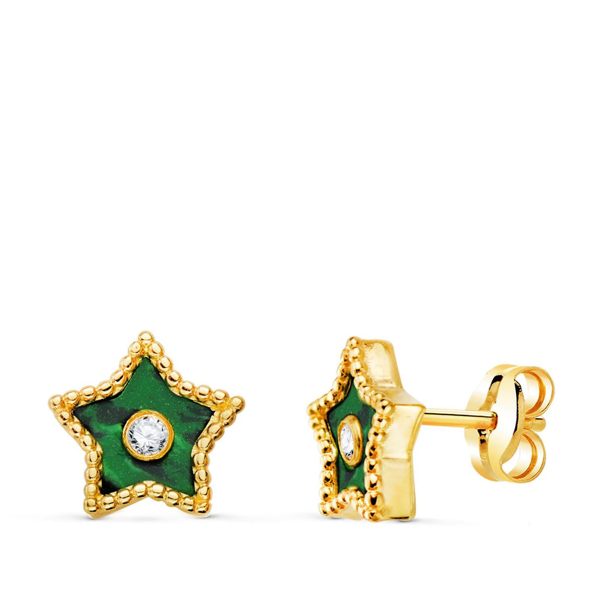 L'ATELIER D'AZUR Boucles d'Oreilles Or 18 Carats 750 Jaune Étoile - Malachite et Zirconium