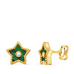 L'ATELIER D'AZUR Boucles d'Oreilles Or 18 Carats 750 Jaune Étoile - Malachite et Zirconium