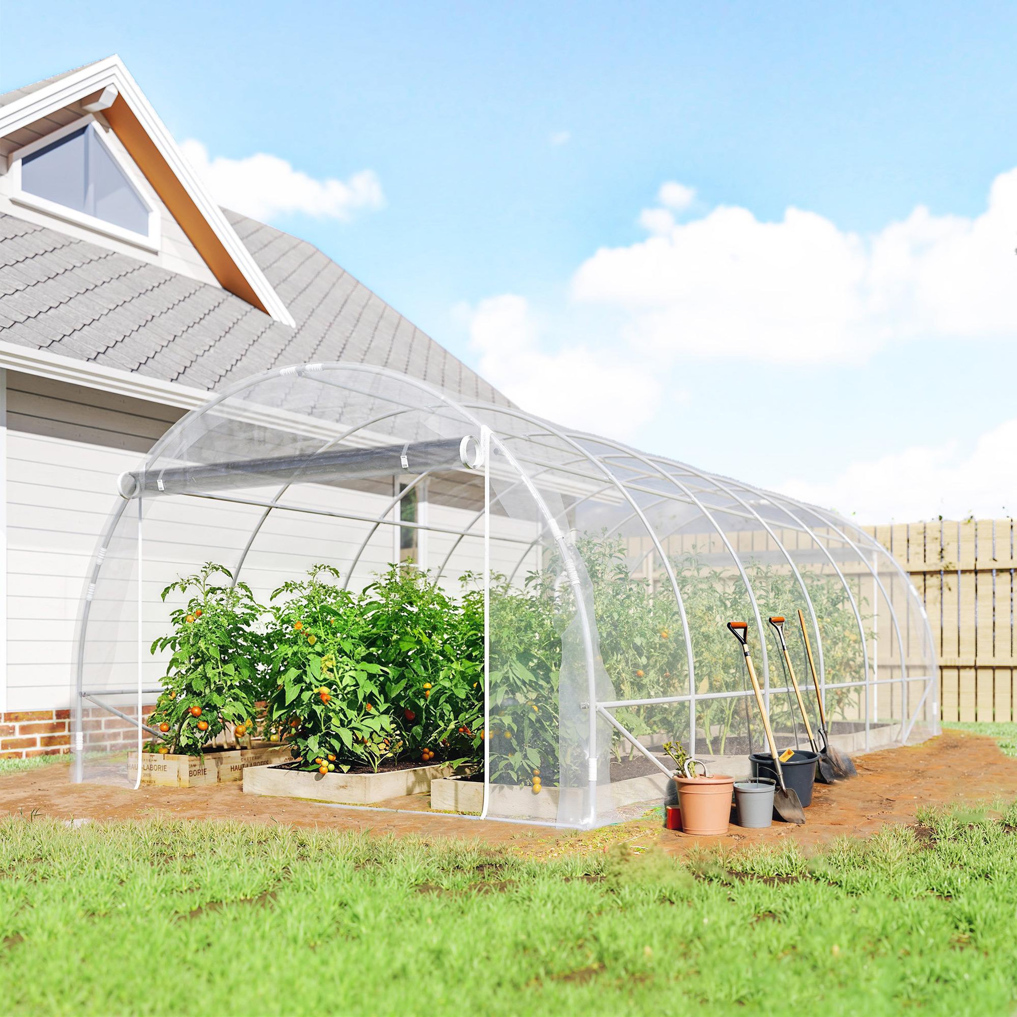 Voir la diapositive 6 : OUTSUNNY Serre tunnel de jardin 18 m² - 2 grandes portes enroulables - acier galvanisé bâche transparente