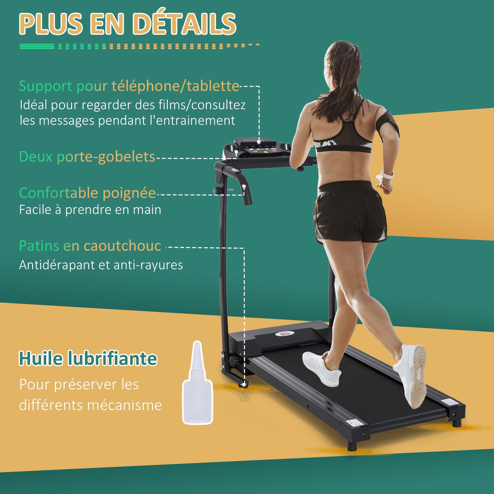 Voir la diapositive 6 : HOMCOM Tapis de course électrique pliable 440 W tapis roulant motorisé vitesse réglable 1-10 Km/h écran LCD multifonction 12 programmes prédéfinis support iPad porte-gobelet châssis acier noir