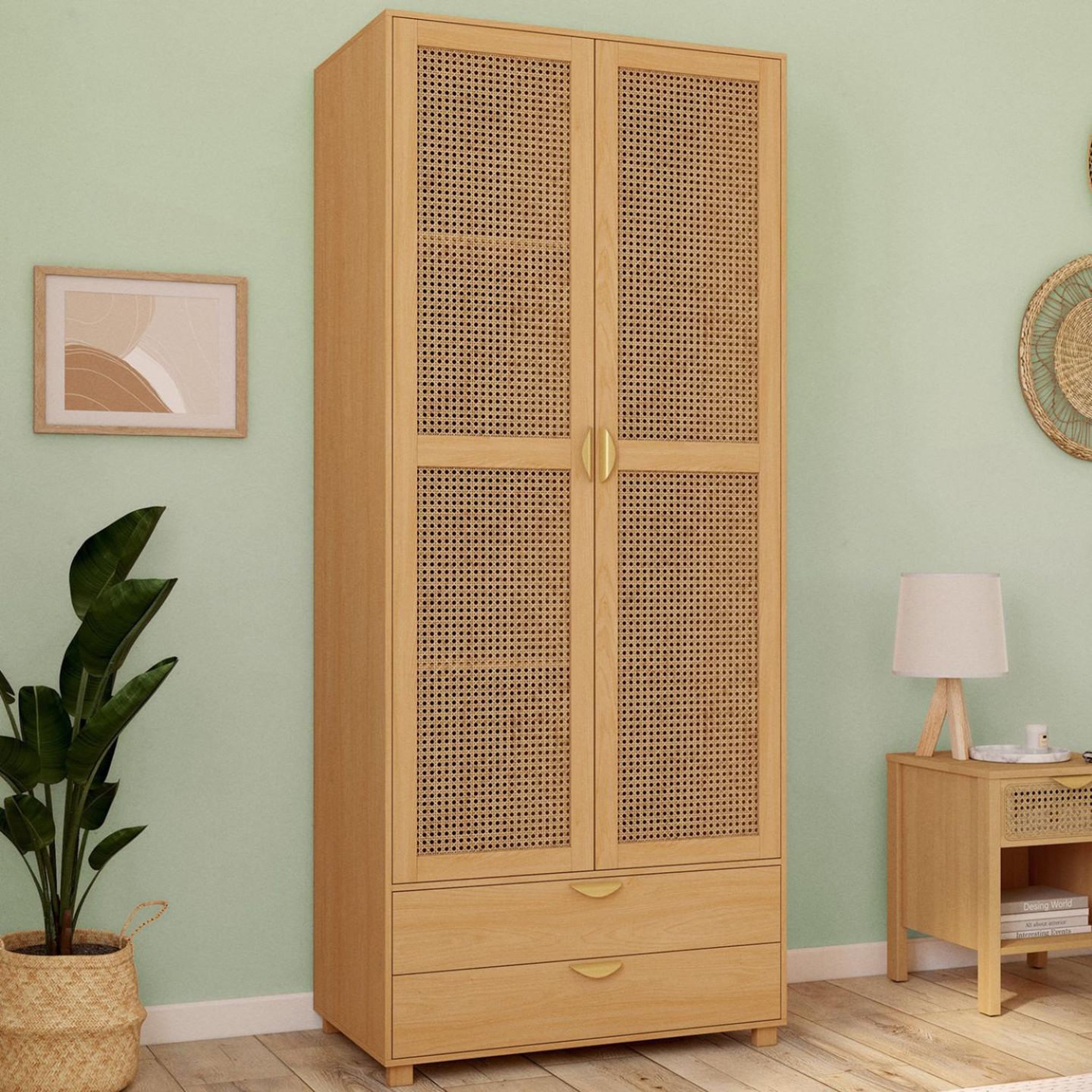 Voir la diapositive 2 : ID MARKET Armoire 2 portes edhen bois et cannage penderie 80 cm avec 2 tiroirs et étagères
