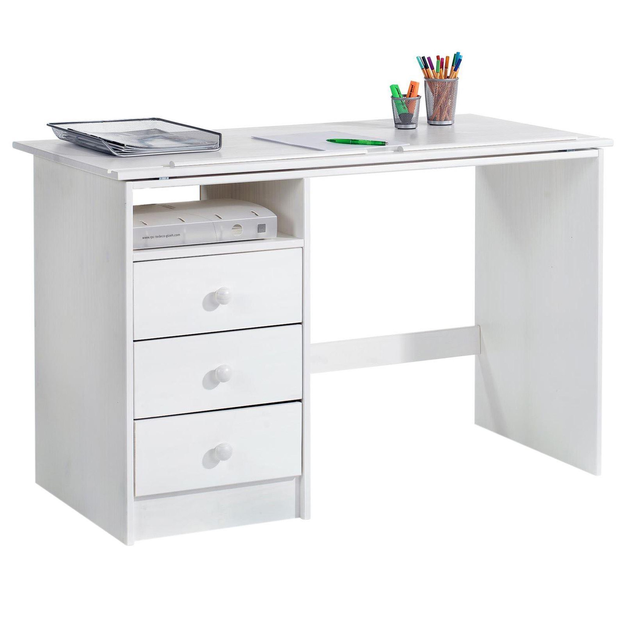 Voir la diapositive 2 : IDIMEX Bureau enfant KEVIN, en pin massif, 3 tiroirs et plateau inclinable