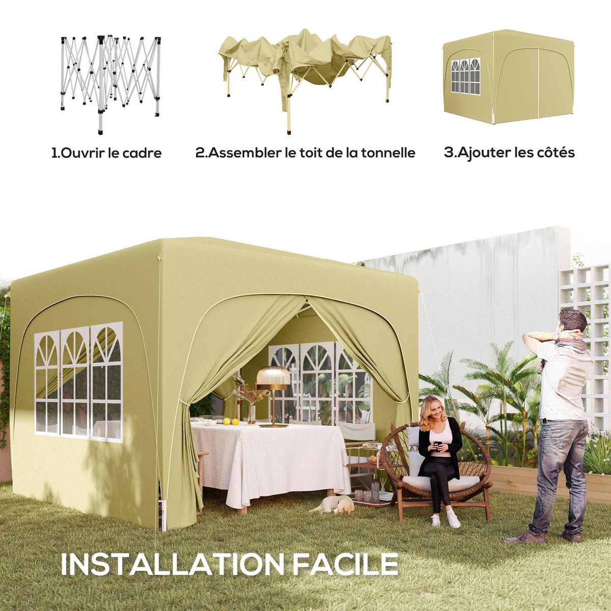 OUTSUNNY Tonnelle barnum pop up automatique 3x3m hauteur réglable sac transport inclus coloris sable