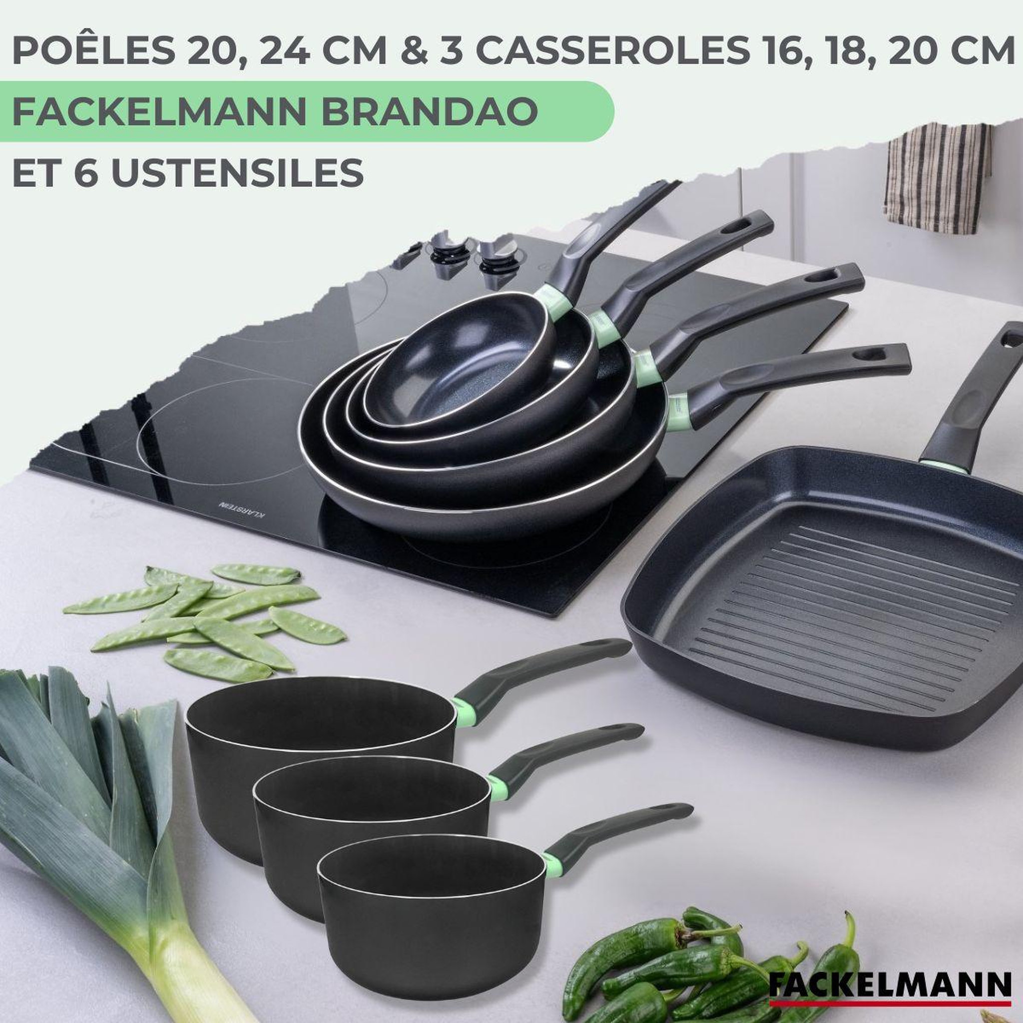 Voir la diapositive 2 : Fackelmann Batterie de cuisine avec 2 poêles 20/24 cm et 3 casseroles 16/18/20 cm et 5 ustensiles de cuisine fackelmann brandao océan