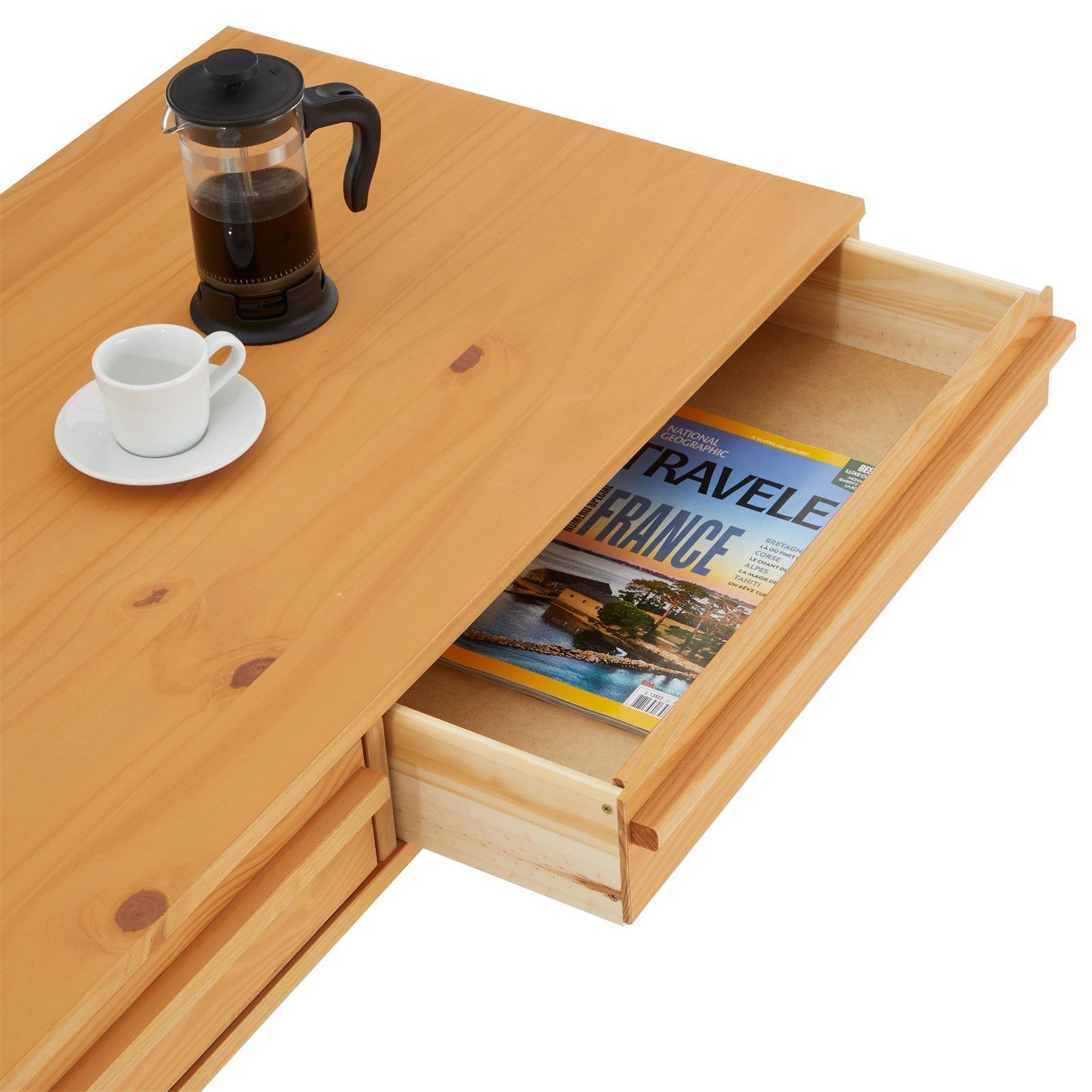 Voir la diapositive 6 : IDIMEX Table basse jona avec 2 tiroirs, en pin massif