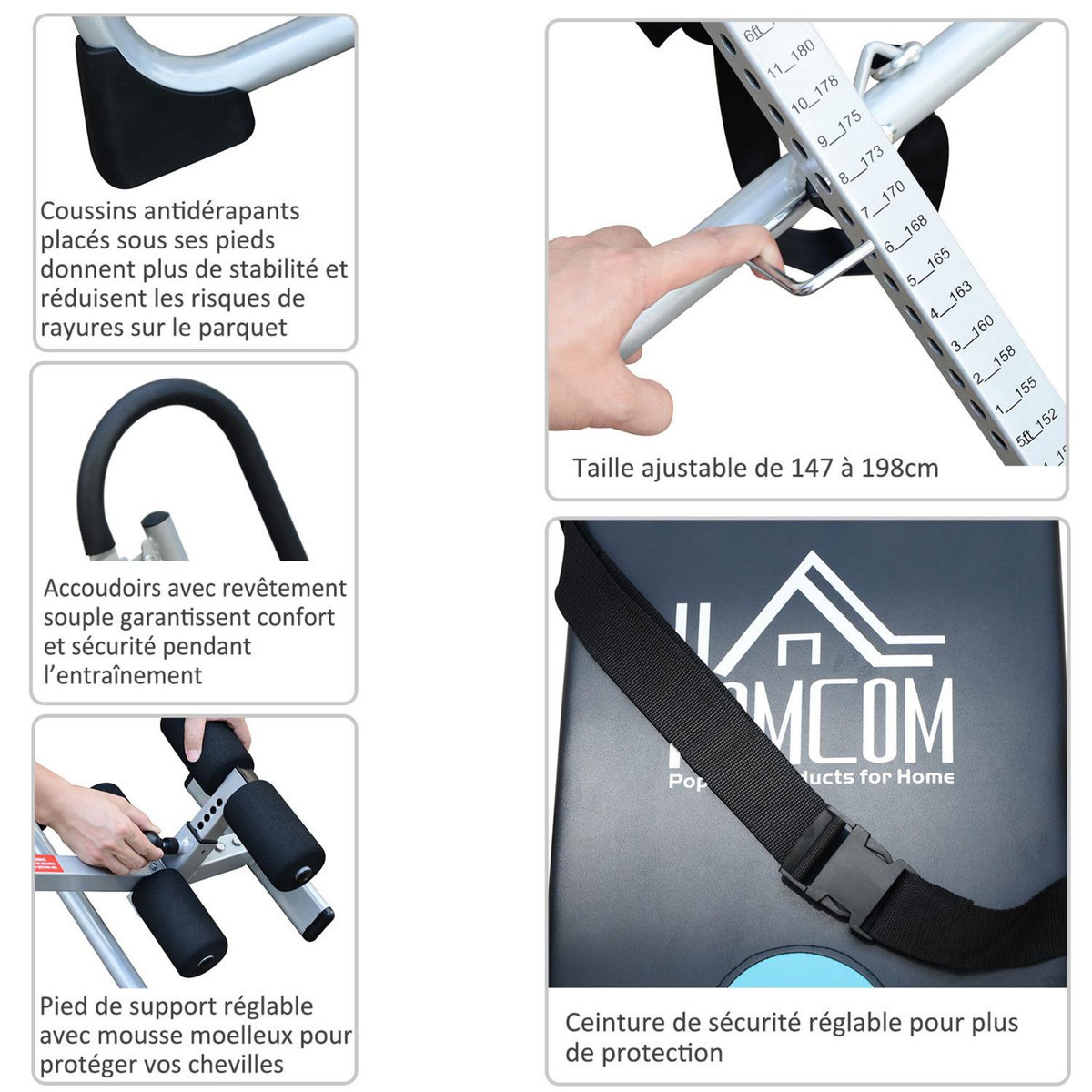 HOMCOM Table d'inversion de musculation pliable ceinture de sécurité réglable acier coloris argent noir