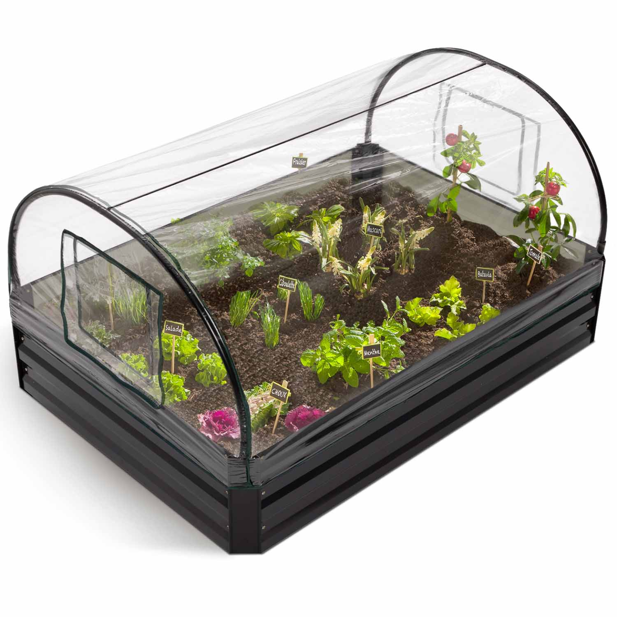Voir la diapositive 3 : ID MARKET Kit complet 3 bacs métal modulables carrés potager et serre à tomates + treillis + housse