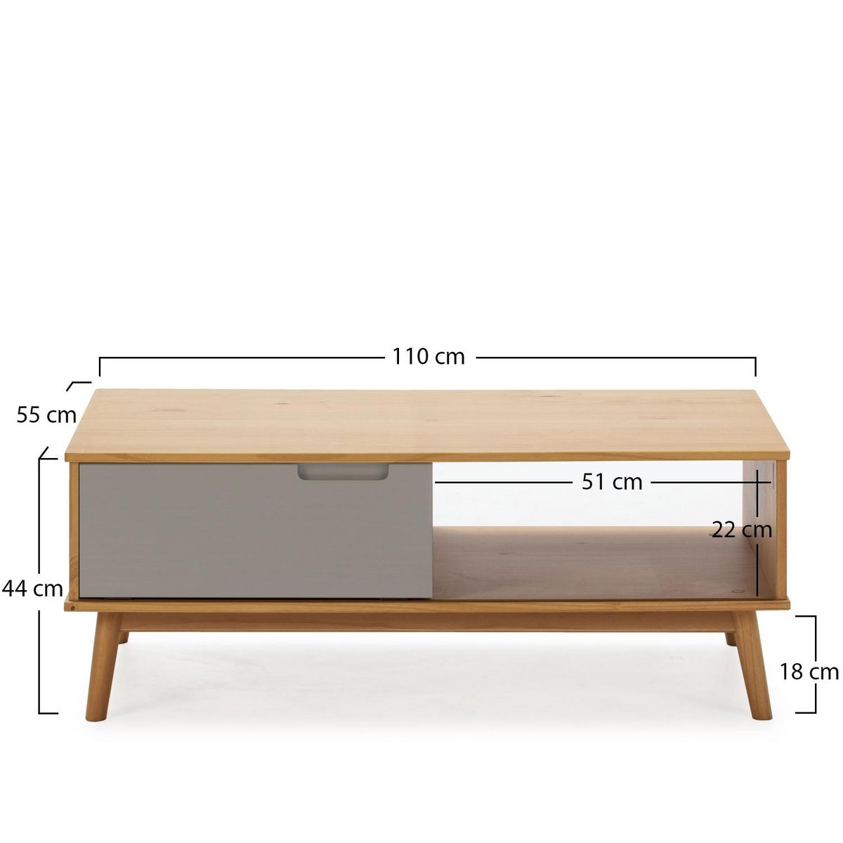 VS VENTA-STOCK Table Basse 1 Porte Bruce Coulissante et 1 Creux, Bois Massif, Longueur 110 cm