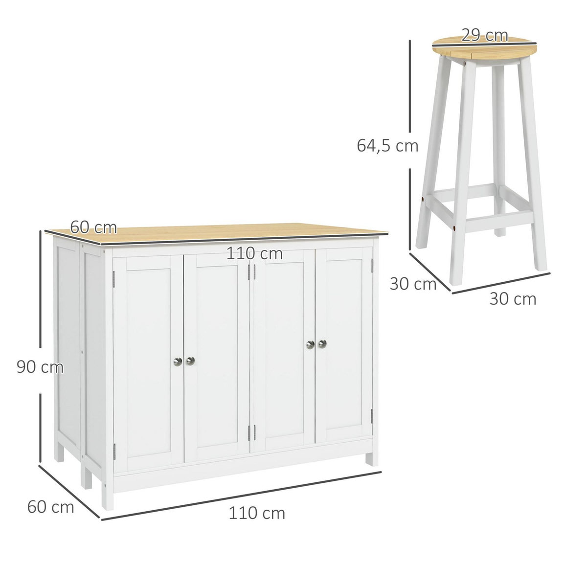 HOMCOM Ensemble îlot central de cuisine avec 2 tabourets de bar - 4 portes, 2 étagères - plateau, pans rabattable - MDF blanc chêne clair verni