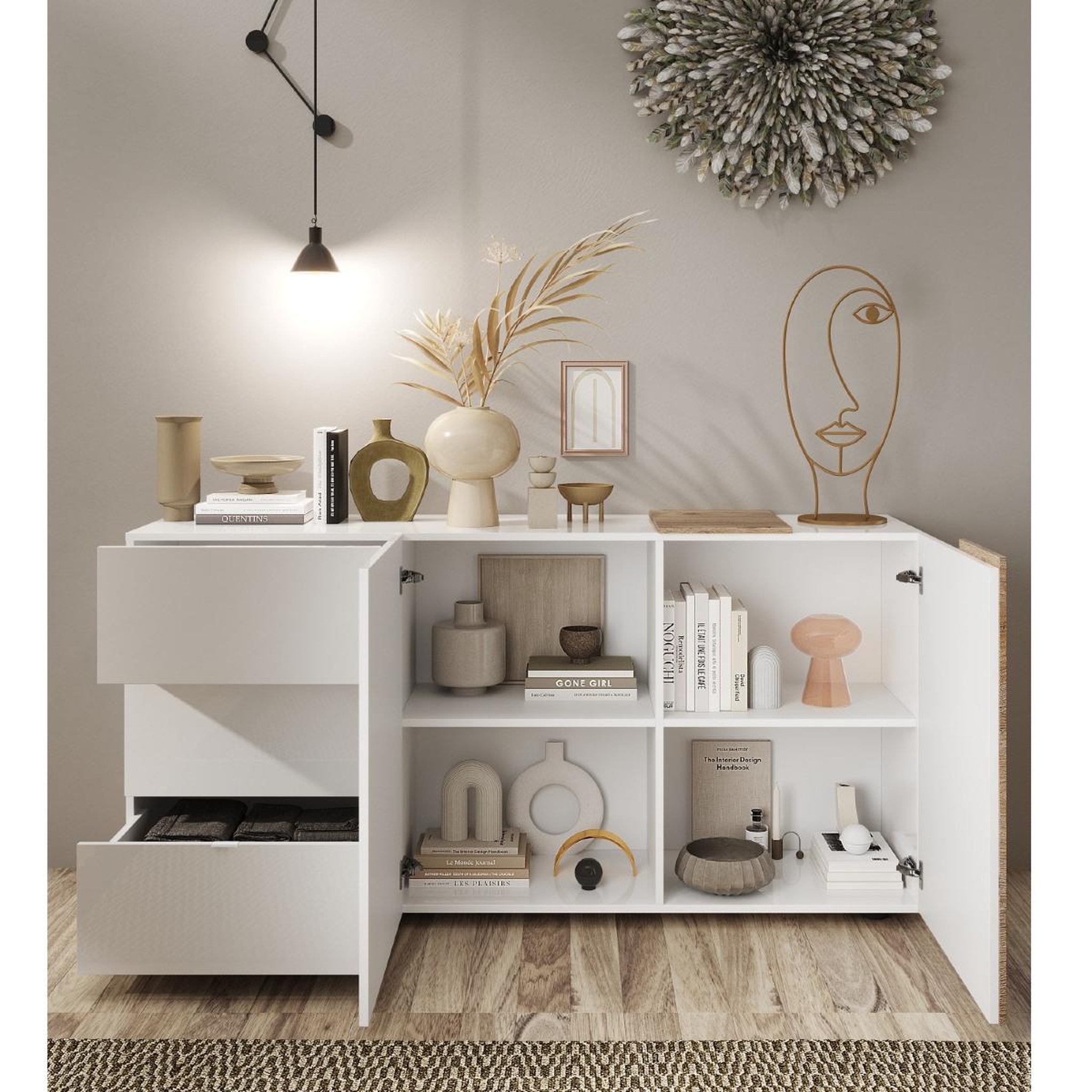 Voir la diapositive 3 : JLC KREATION Buffet bas moderne blanc et bois 2 portes-3 tiroirs SIA