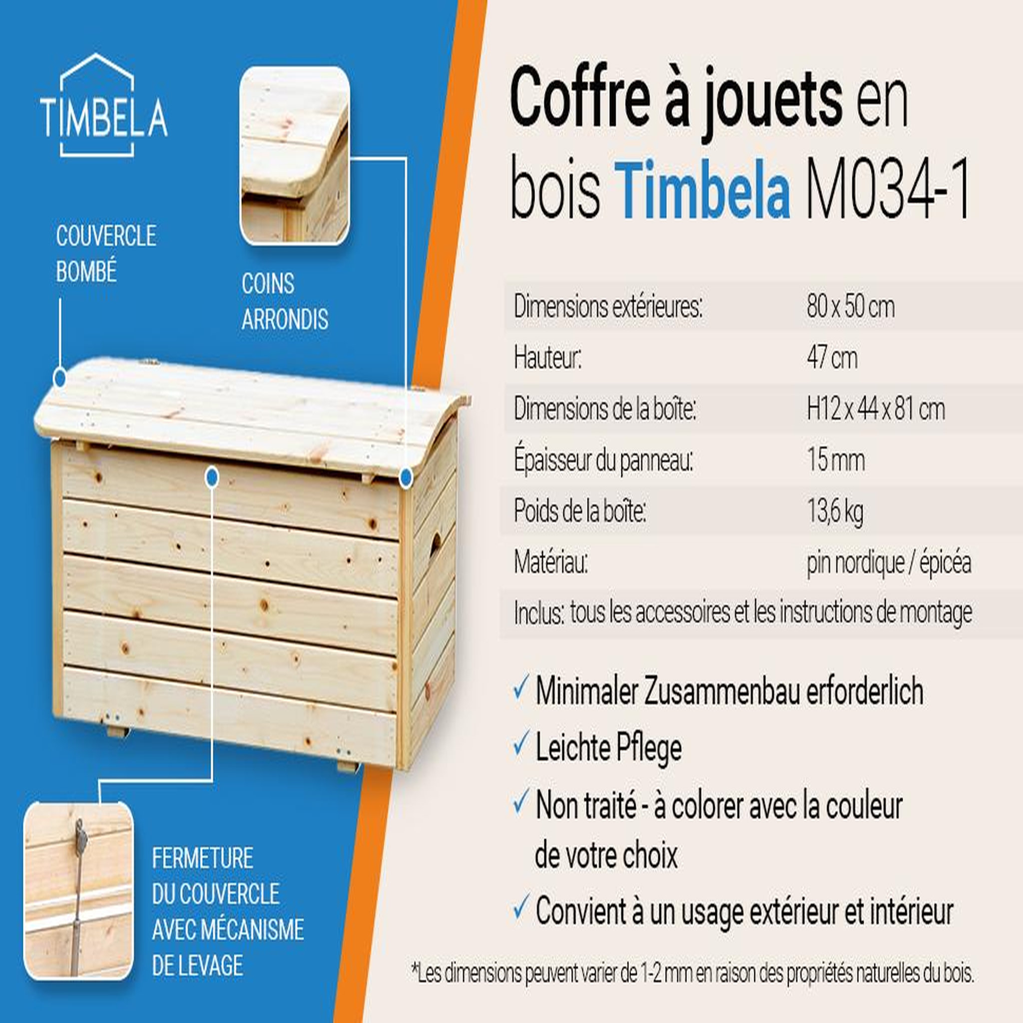 Voir la diapositive 5 : TIMBELA Coffre à jouets en bois pour enfants - coffre en bois pour jardin 80 x 50 x h47 cm m034-1
