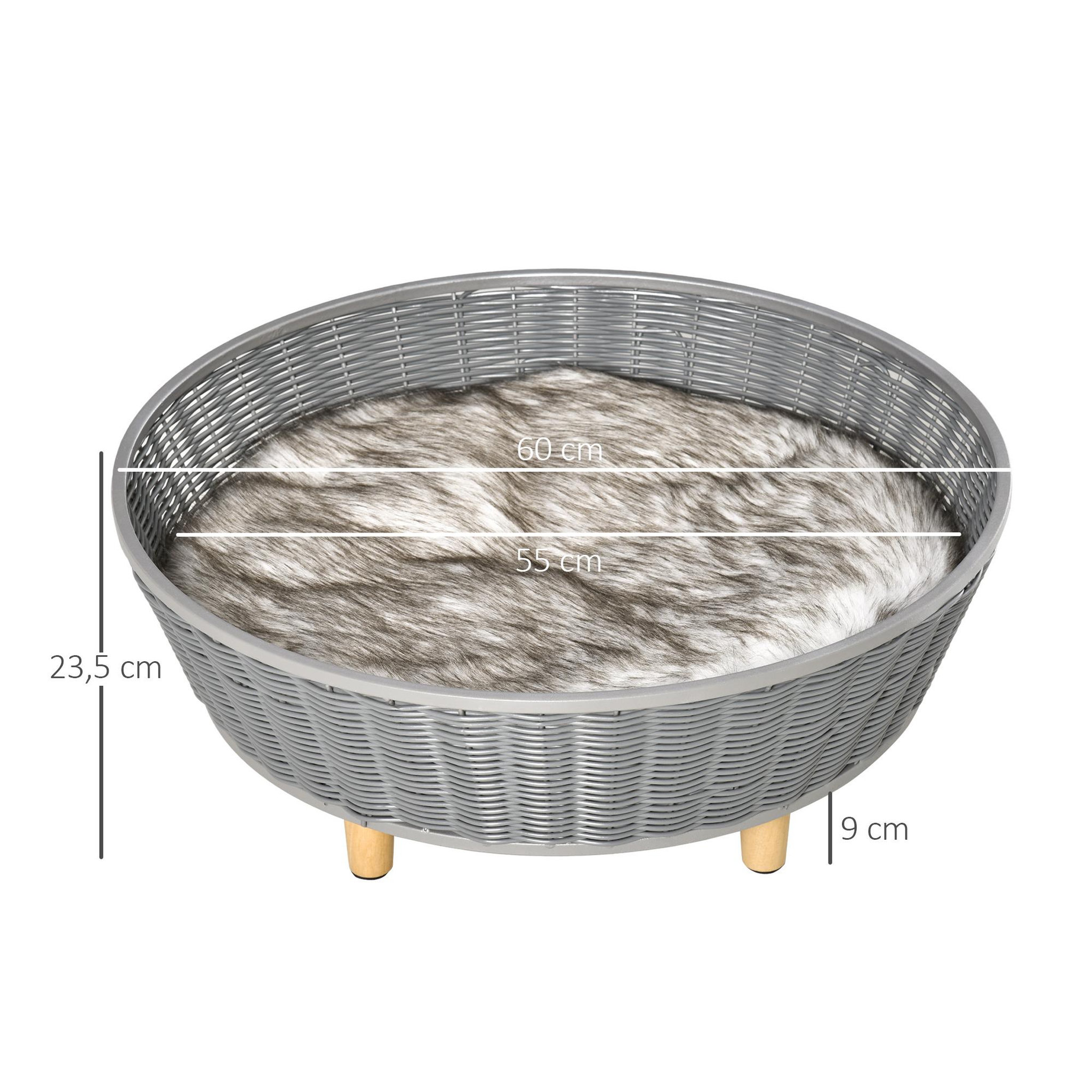 Voir la diapositive 3 : PAWHUT Canapé chien lit pour chien panier chat design scandinave avec coussin aspect fourrure dim. Ø 60 x 23,5H cm pieds bois pin résine tressée gris