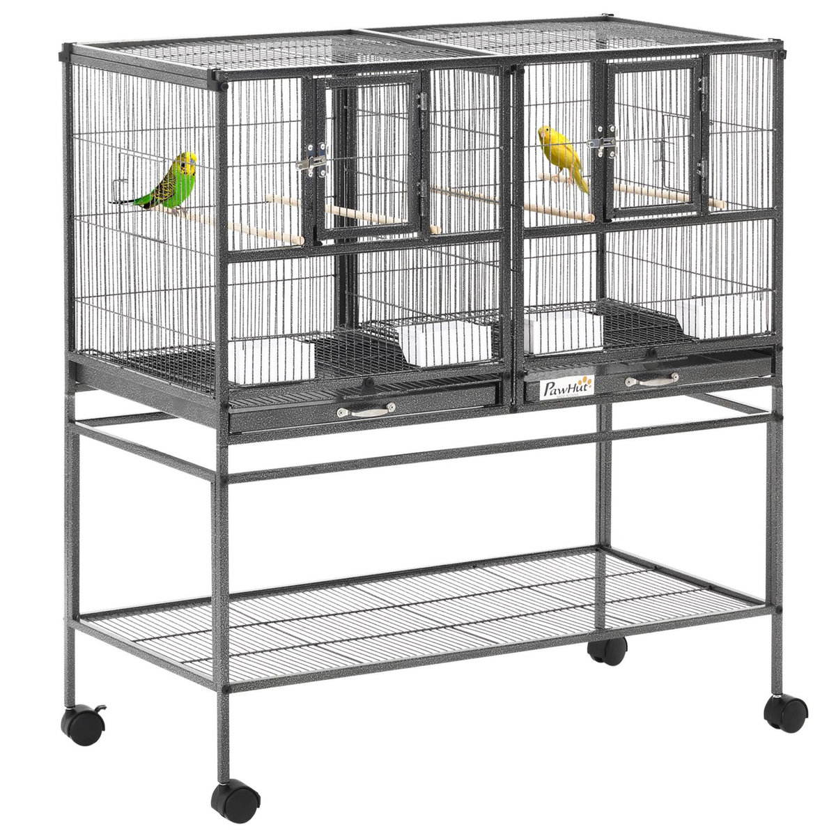 PAWHUT Cage à oiseaux avec séparation mangeoire et perchoir 95L x 45l x 102H cm Noir et Gris