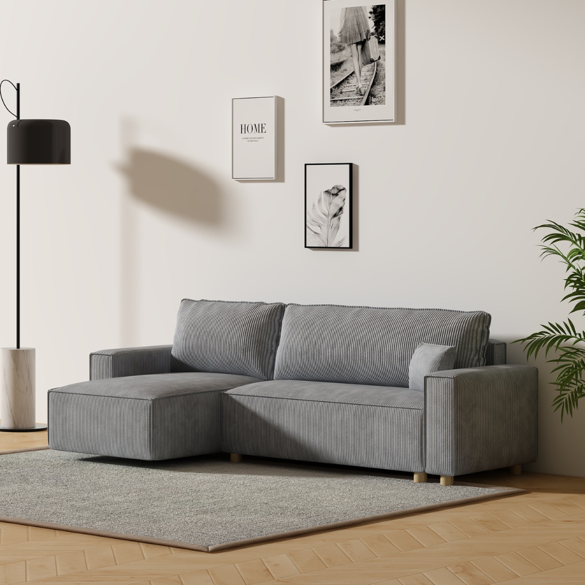 Voir la diapositive 5 : CONCEPT USINE Canapé convertible d'angle en velours côtelé gris clair cosy
