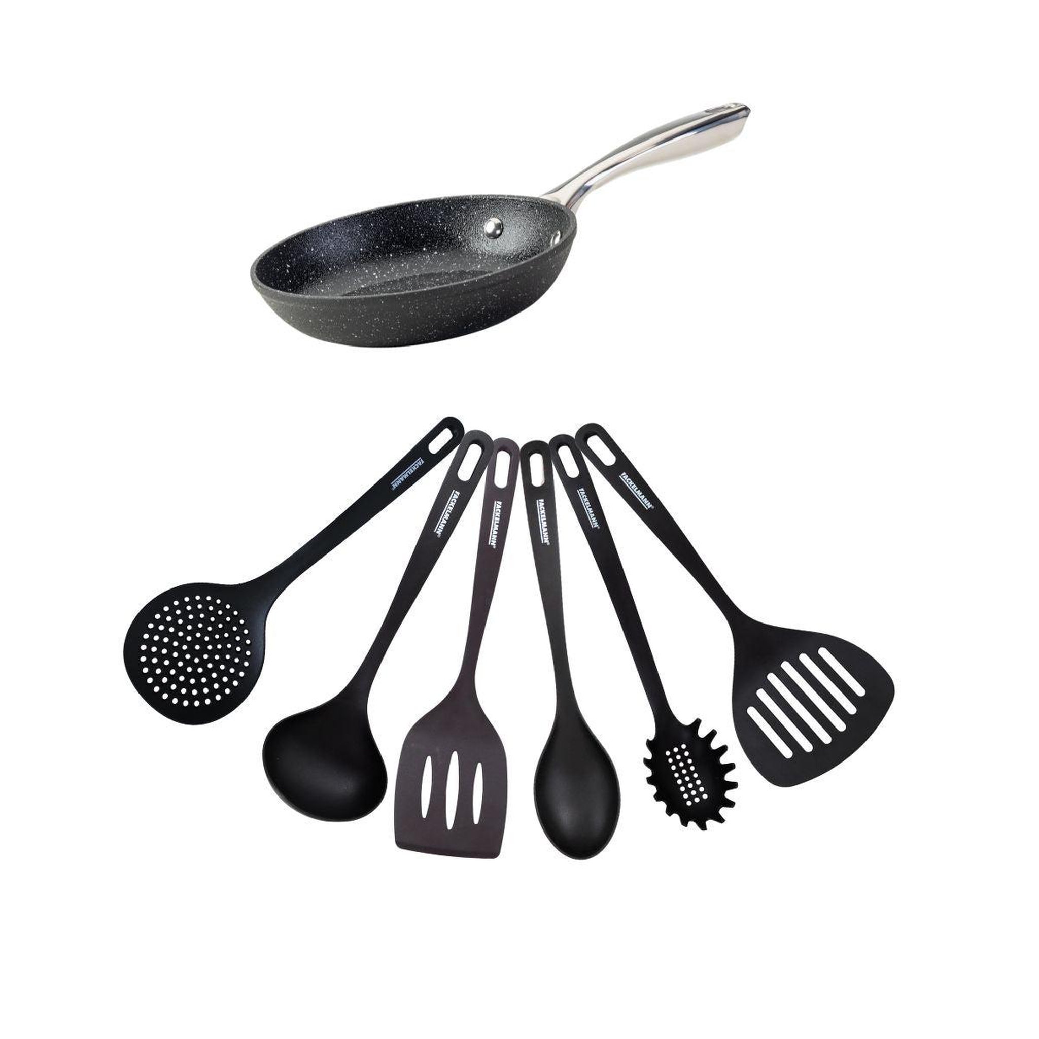 Fackelmann Set poêle 20 cm fonte alu revêtement antiadhésif céramique sans pfas et 6 ustensiles inox fackelmann crossroad