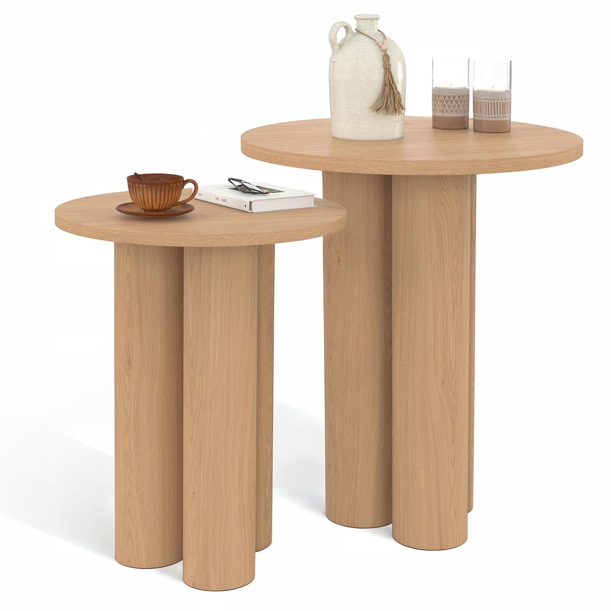 ID MARKET Lot de 2 tables d'appoint rondes, bouts de canapé, tables de chevet eloise 35/40 cm bois effet hêtre