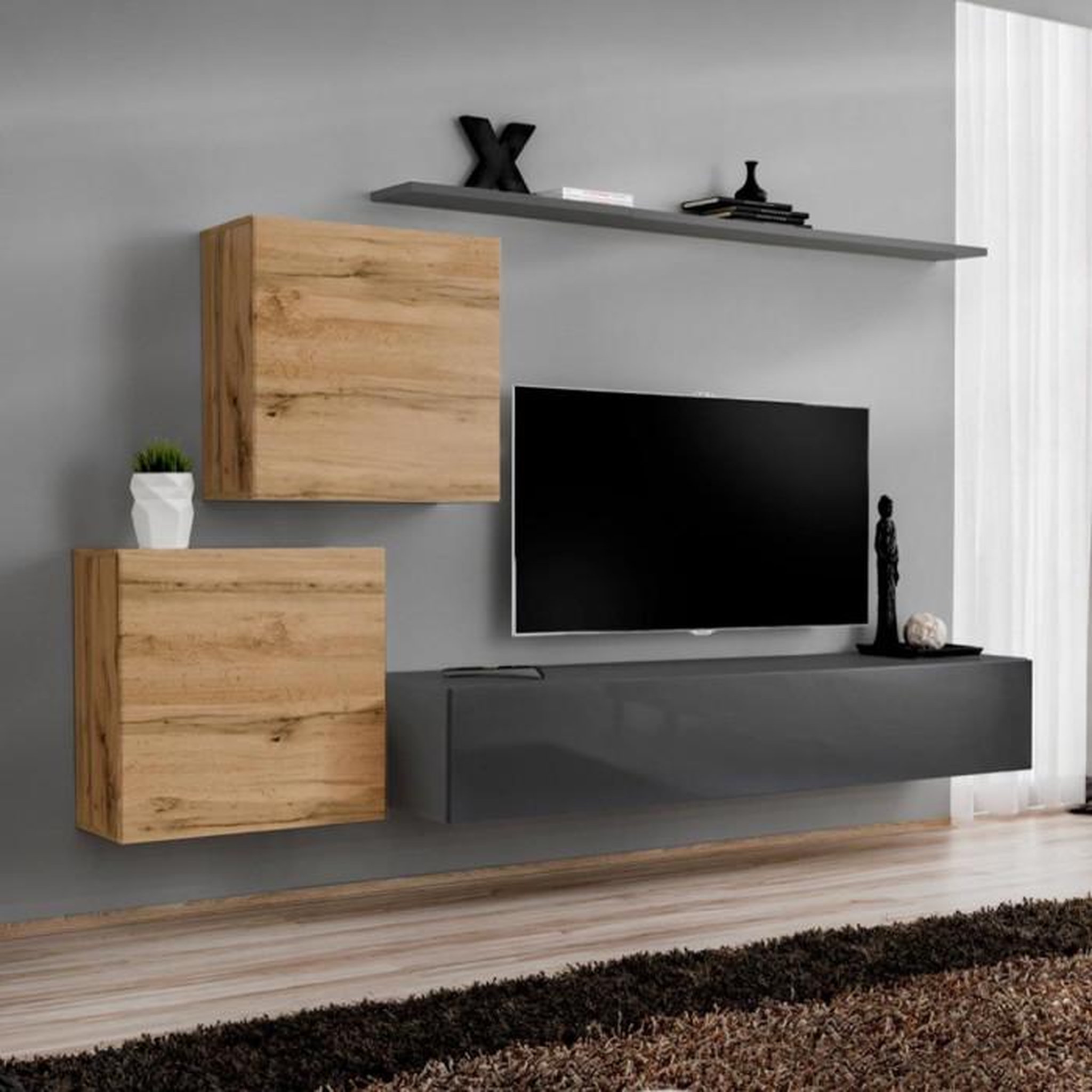 Voir la diapositive 1 : Paris Prix Meuble TV Mural Design  Switch V  250cm Naturel & Gris