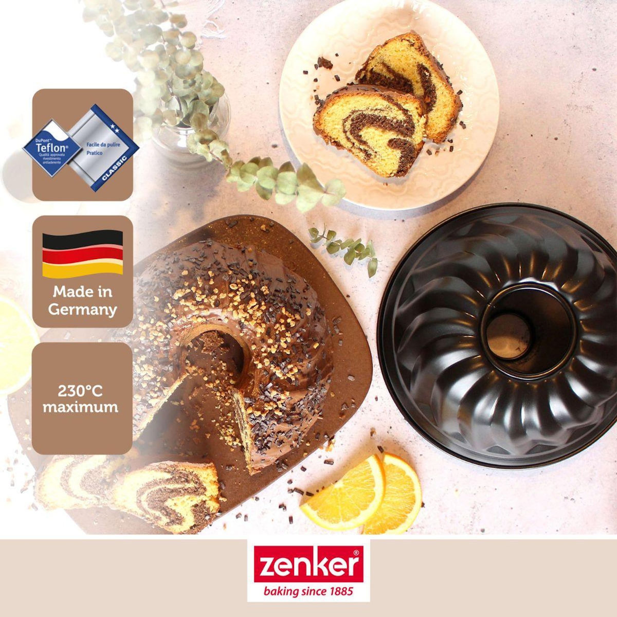 ZENKER Lot comprenant avec 1 moule à kouglof 25 cm, 1 spatule Zenker et 2 bols à mixer en inox Fackelmann