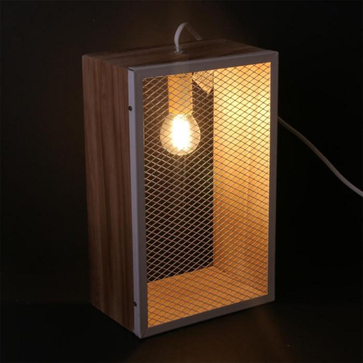 Paris Prix Lampe à Poser Bois & Métal  Cadre  29cm Blanc & Naturel