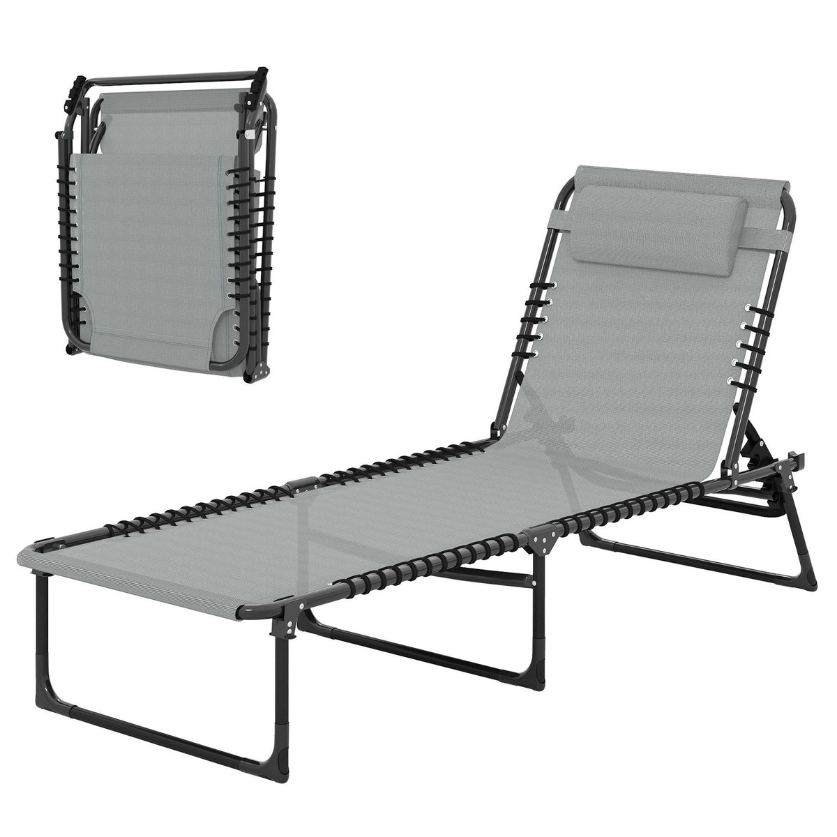 OUTSUNNY Bain de soleil transat pliable dossier inclinable multi-positions acier thermoplastique lacets élastiques noir textilène gris clair