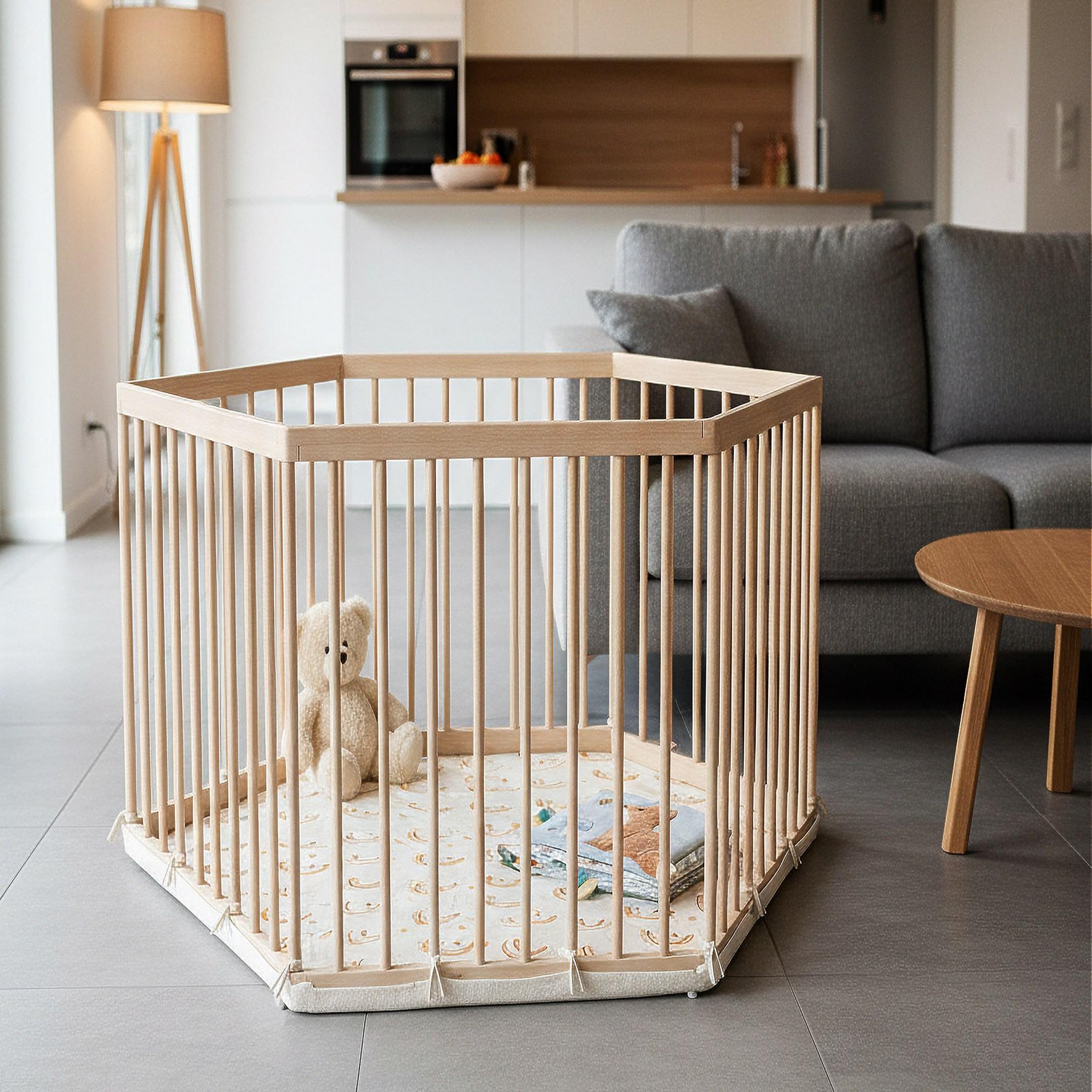 Voir la diapositive 2 : WEBABY Parc bébé en bois hexagonal alveo - 125 x 109 x 65 cm