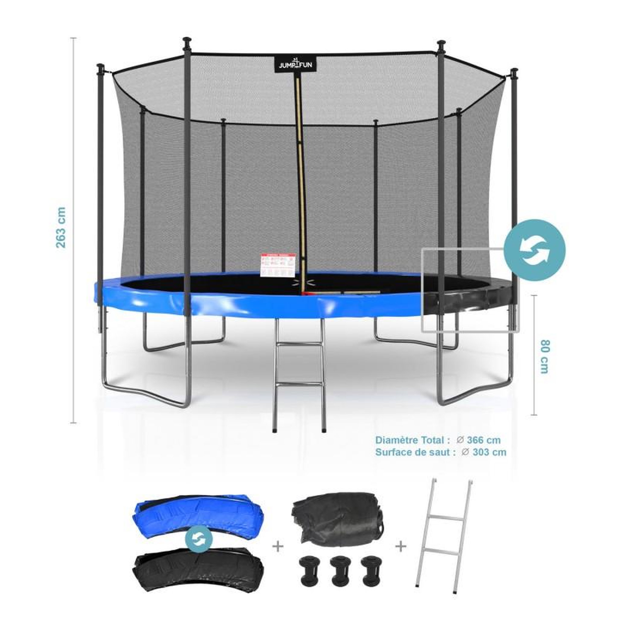 Voir la diapositive 2 : JUMP4FUN Trampoline extérieur Classique ø 366 cm- 12FT- Filet intérieur, Matelas de protection réversible et Echelle