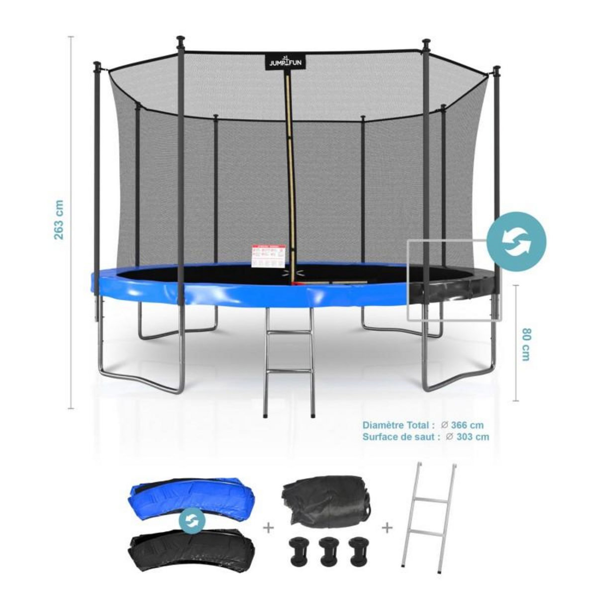 JUMP4FUN Trampoline extérieur Classique ø 366 cm- 12FT- Filet intérieur, Matelas de protection réversible et Echelle