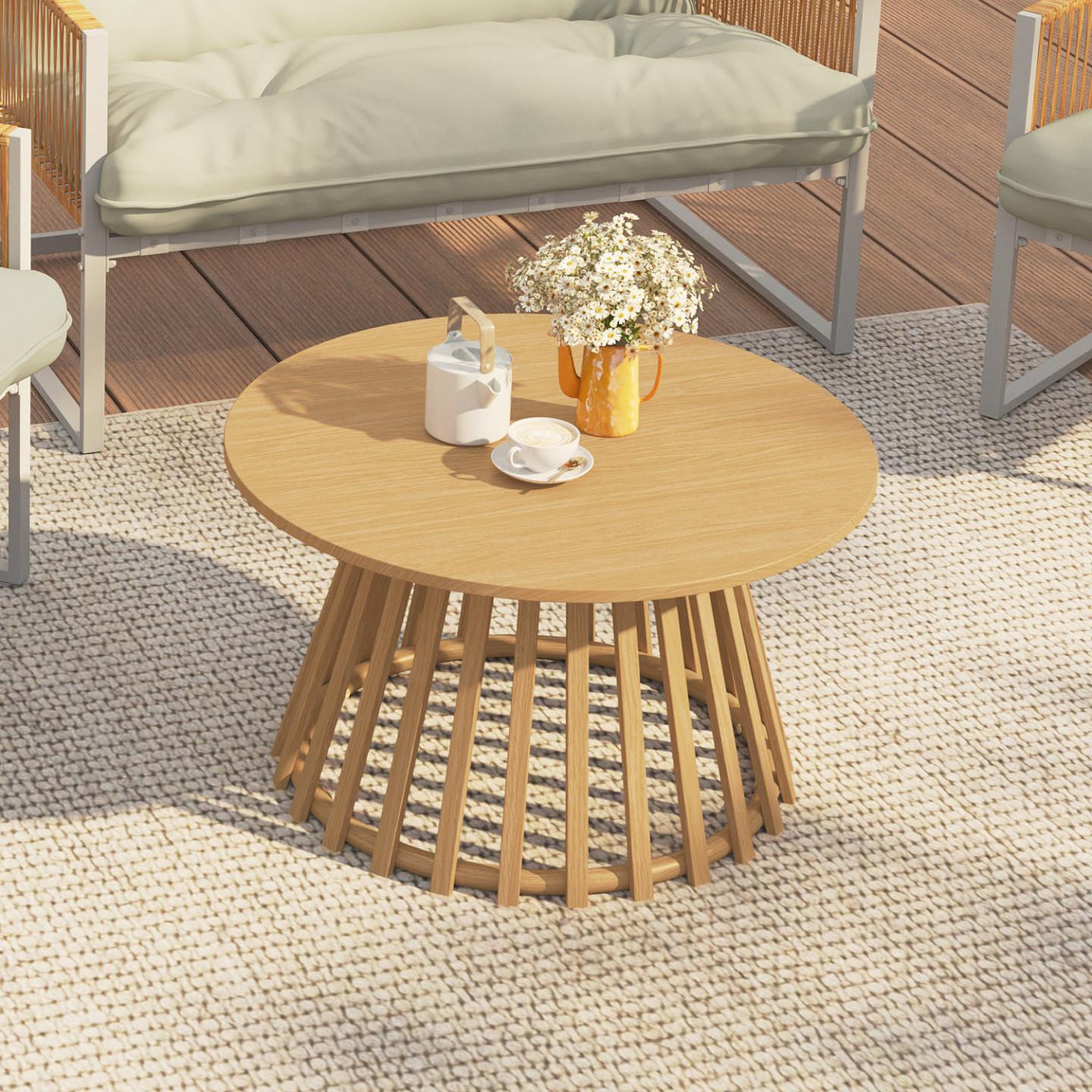 Voir la diapositive 2 : ID MARKET Table basse de jardin ronde 70 cm solal avec pied lattes en métal effet bois