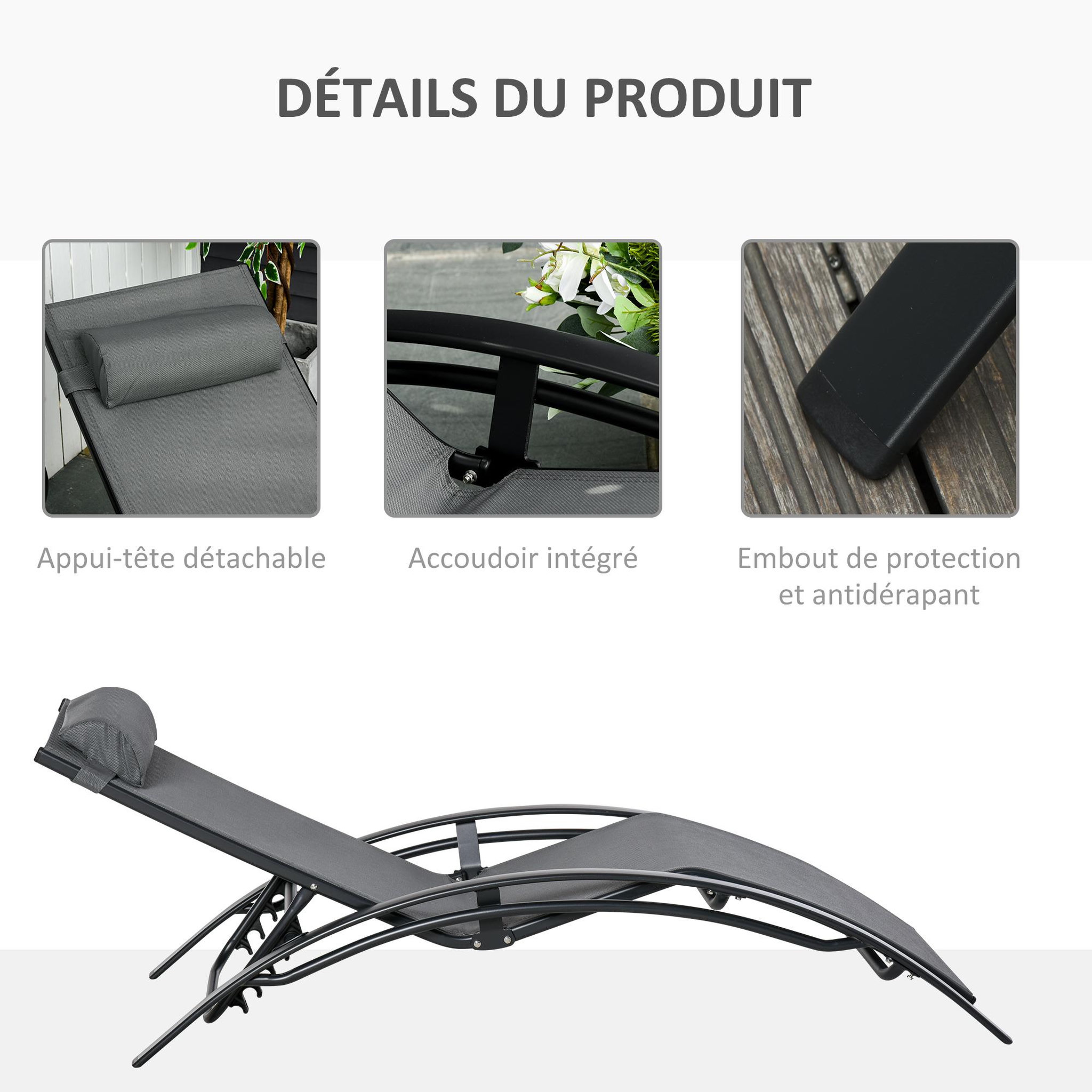 Voir la diapositive 5 : OUTSUNNY Bain de soleil transat design contemporain inclinable multi-positions tétière amovible incluse alu textilène gris