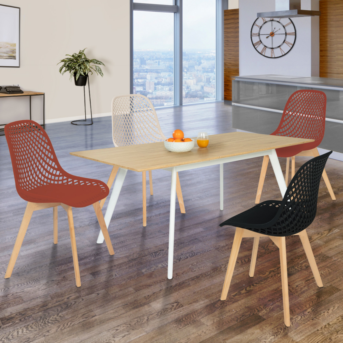 ID MARKET Lot de 4 chaises MANDY mix color noir, terracotta x2 et beige