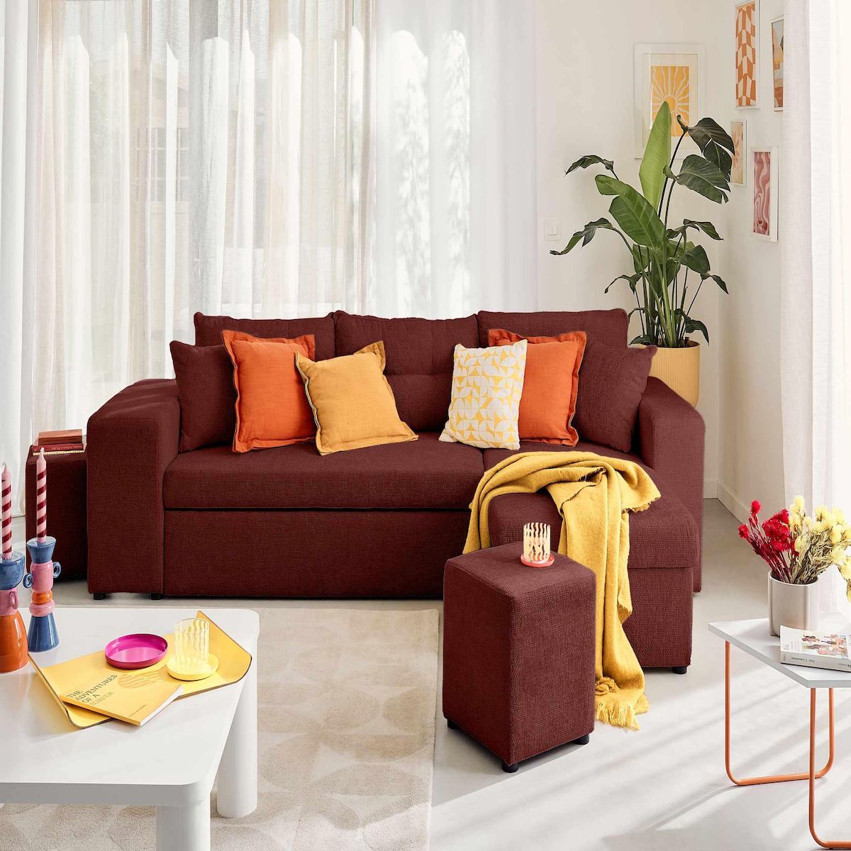 BEST MOBILIER California - canapé d'angle réversible 4 places - convertible avec coffre, étagère et poufs - en velours texturé