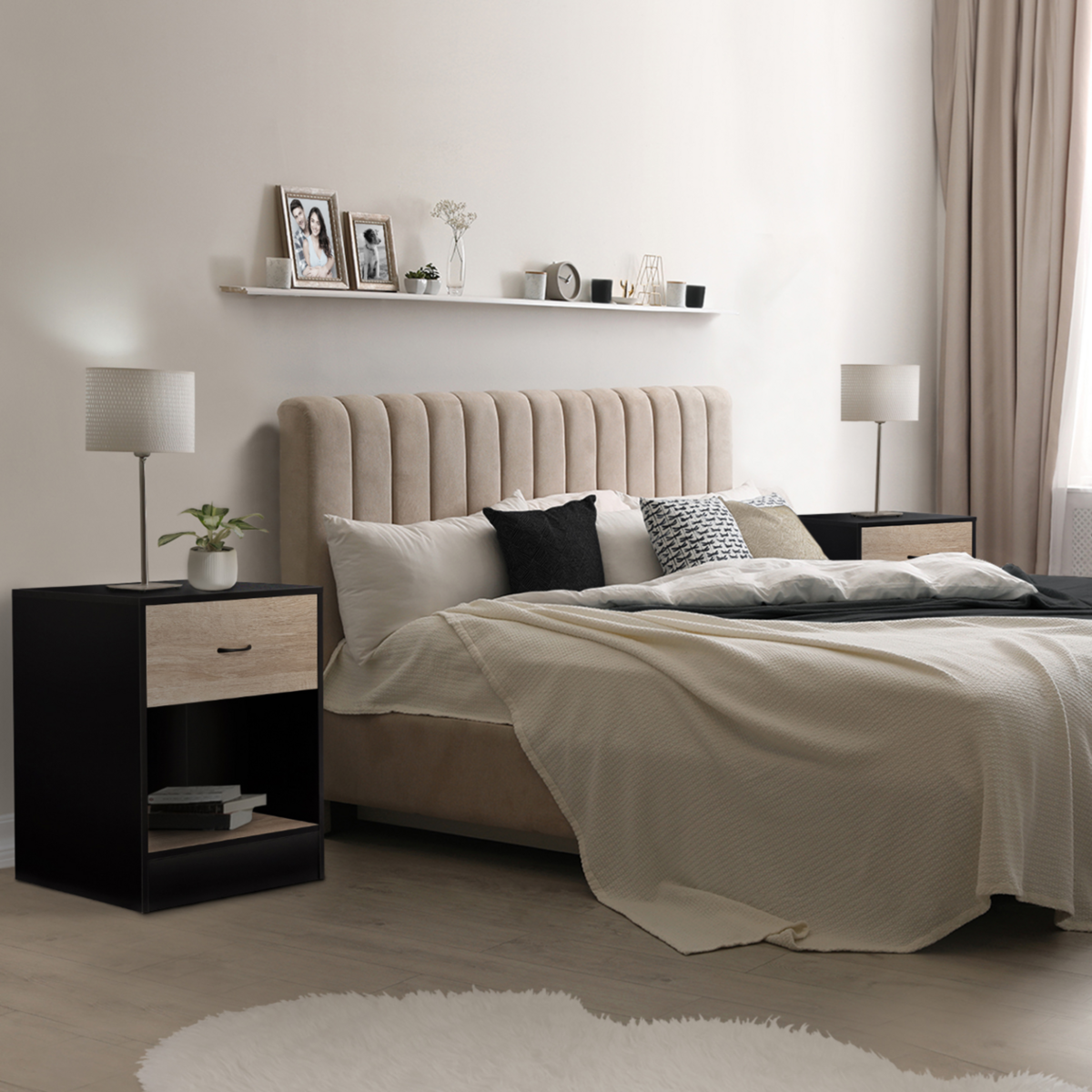 ID MARKET Lot de 2 tables de chevet OLGA 1 tiroir avec niche bois noir et tiroir façon hêtre