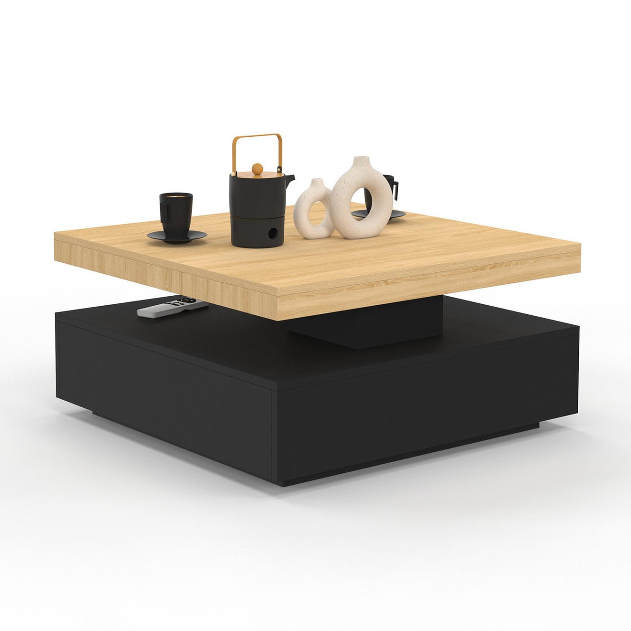 ID MARKET Table basse carrée pivotante thea 70 cm bois et noir