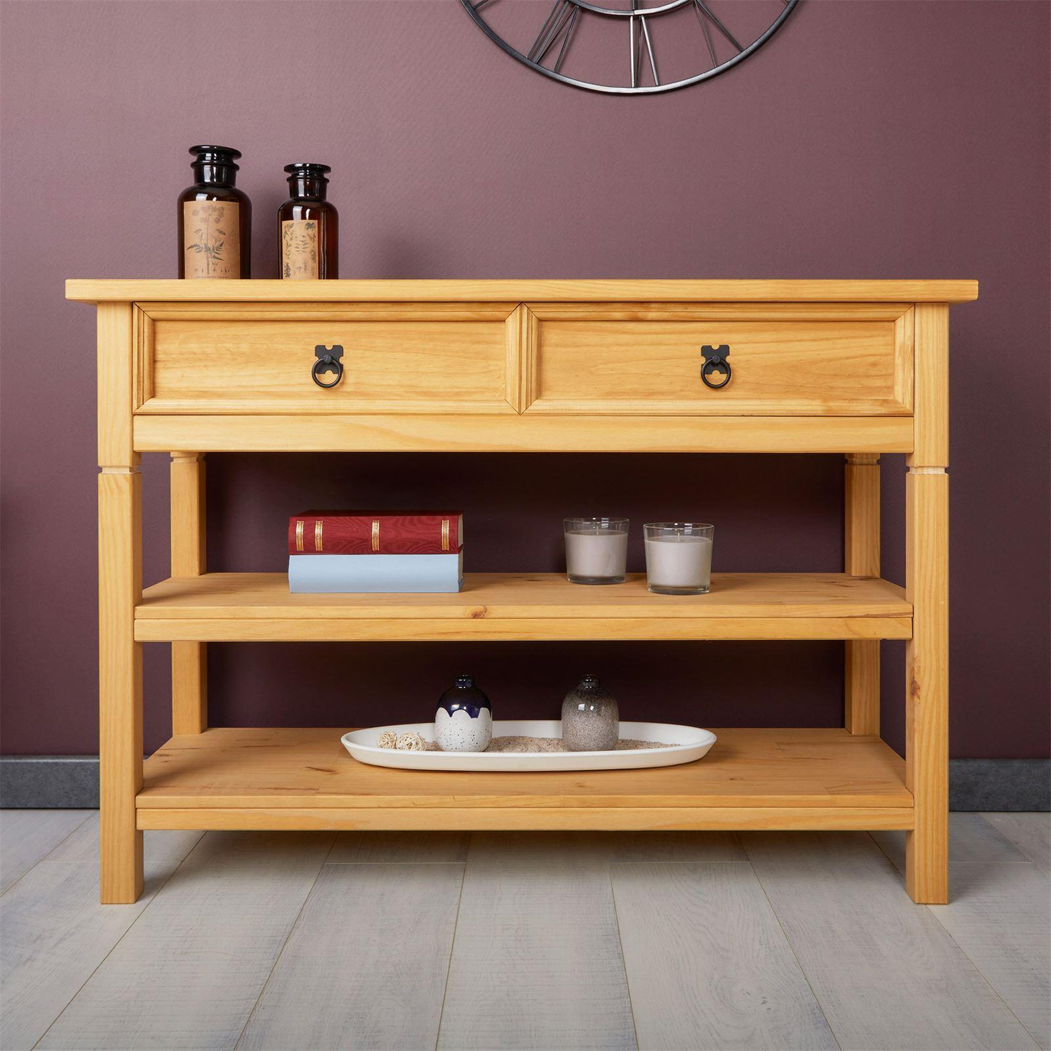 Voir la diapositive 5 : IDIMEX Table console en pin tequila style mexicain, 1 tiroir et 2 étagères
