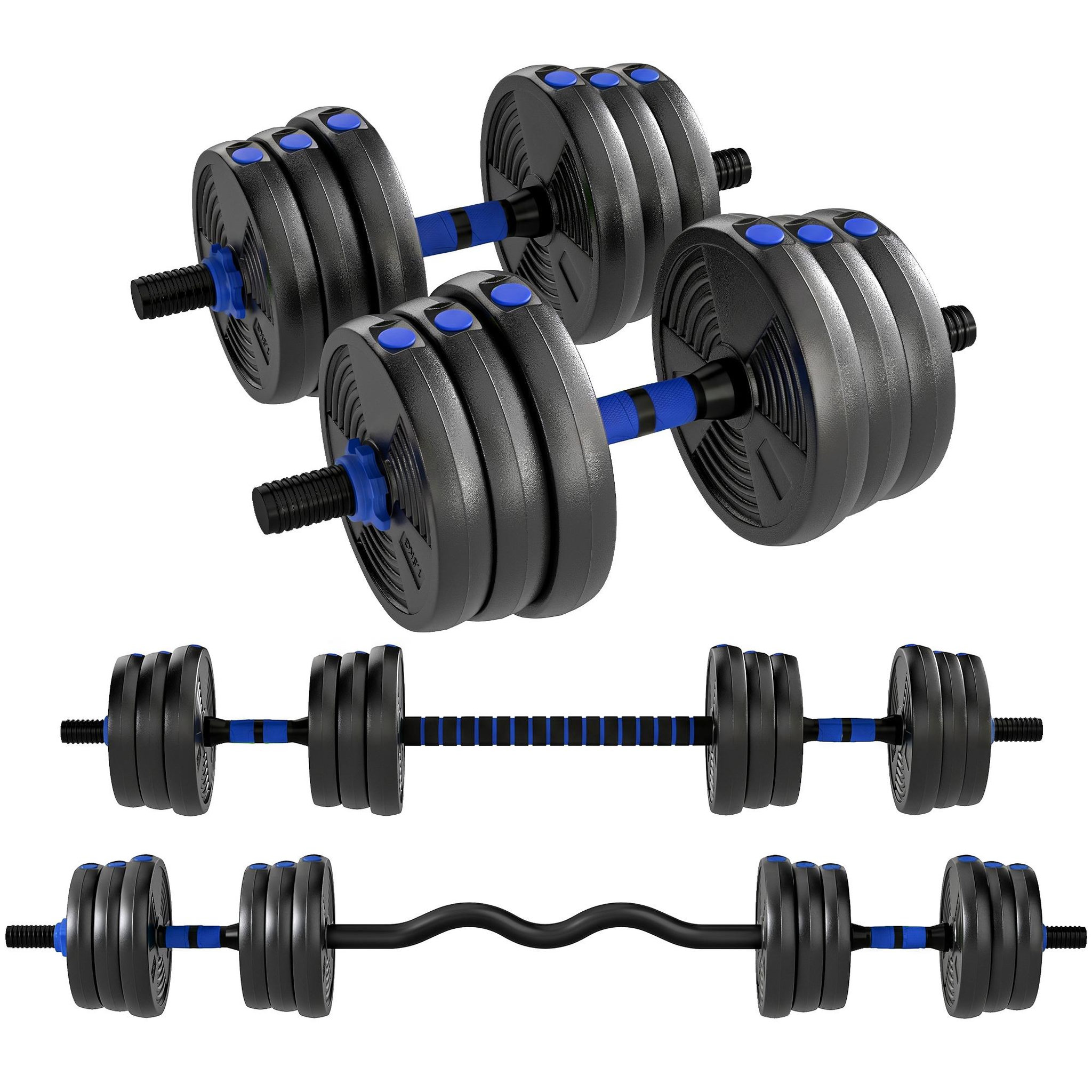 HOMCOM Ensemble d'haltères musculation multifonction 3 en 1 - haltères, olympic barre, curl ez barre - total 25kg - pvc bleu noir