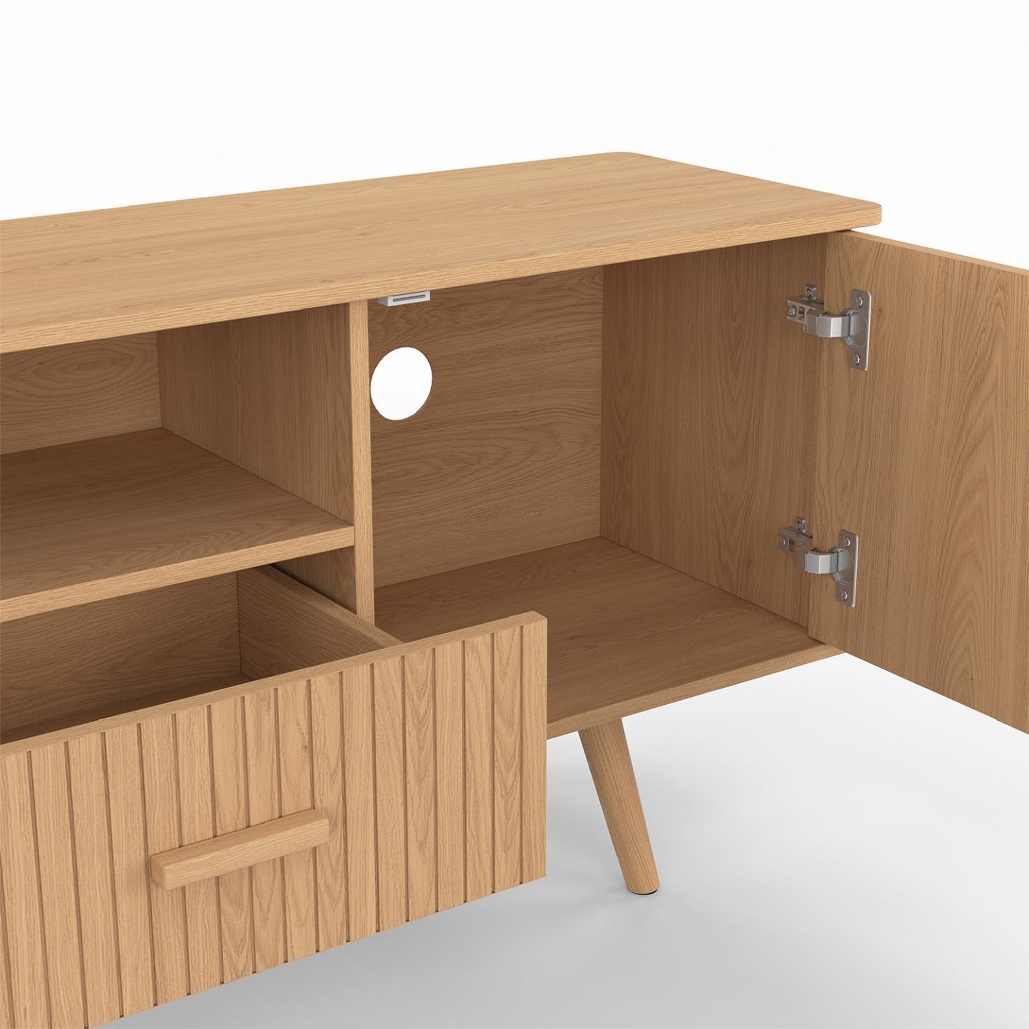 Voir la diapositive 6 : ID MARKET Meuble tv 180 cm juliette 2 portes et 2 tiroirs lattes tasseau bois coloris chêne