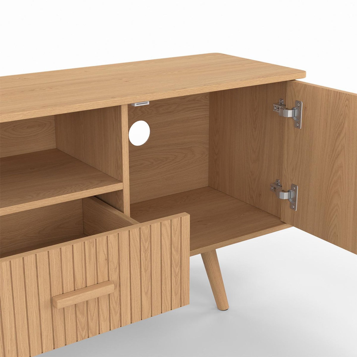 ID MARKET Meuble TV 180 cm JULIETTE 2 portes et 2 tiroirs lattes tasseau bois coloris chêne