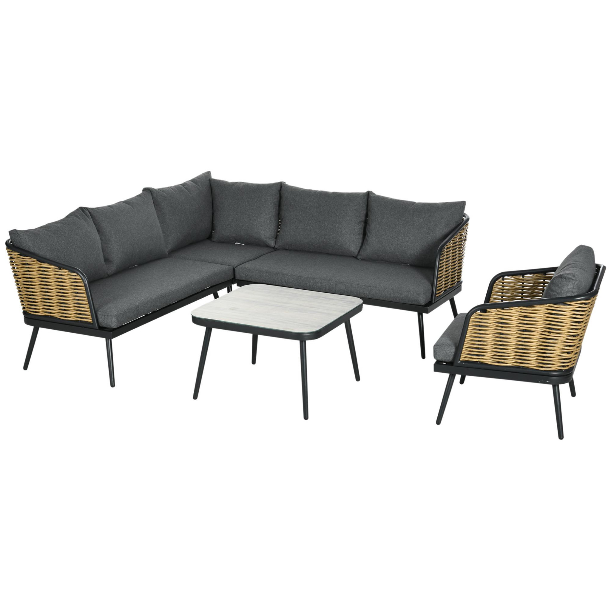 Voir la diapositive 1 : OUTSUNNY Ensemble salon de jardin d'angle style colonial 6 places 5 pièces coussins gris alu. noir résine tressée aspect rotin