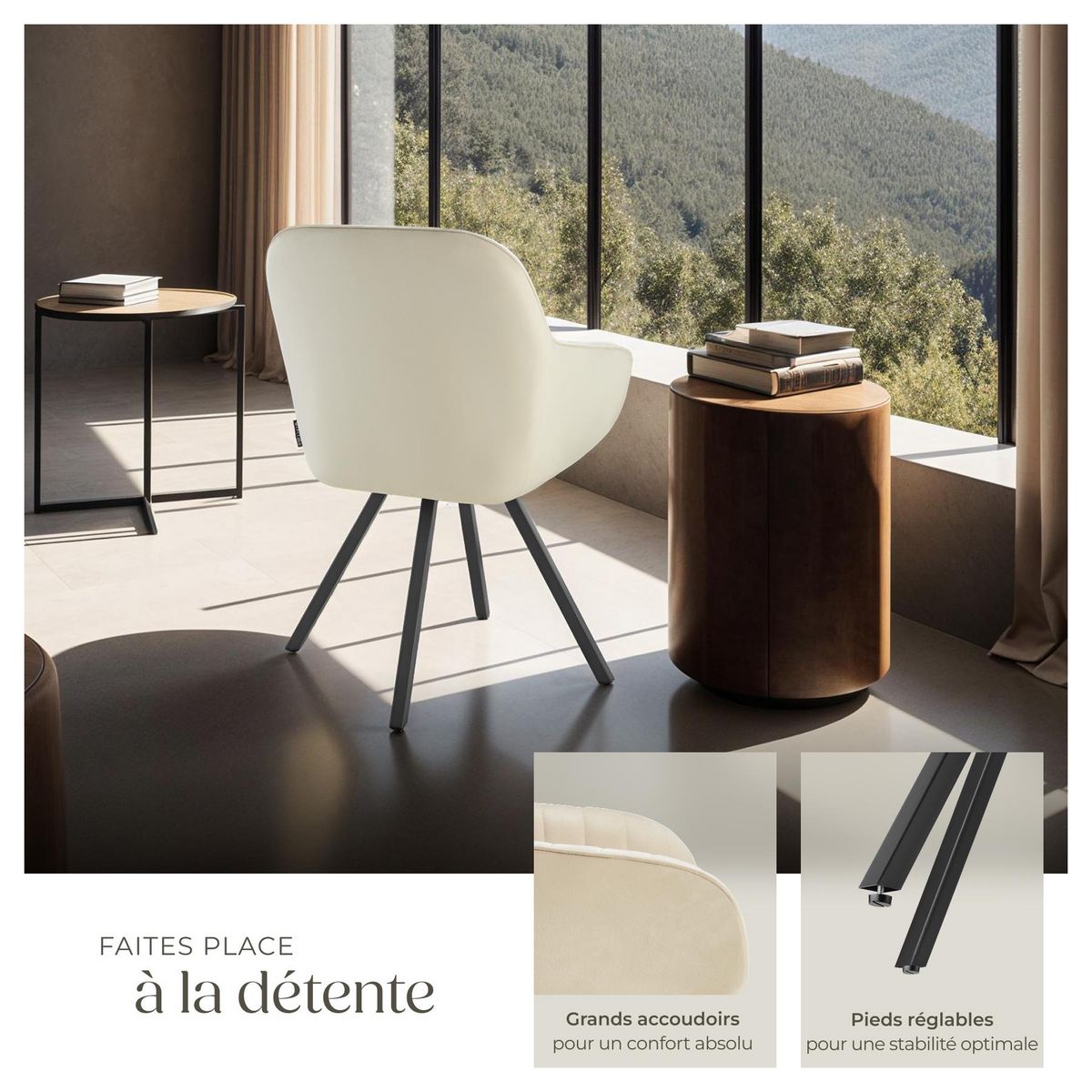 tectake Chaise pivotante avec accoudoirs rembourrée aspect velours crème Lot de 6