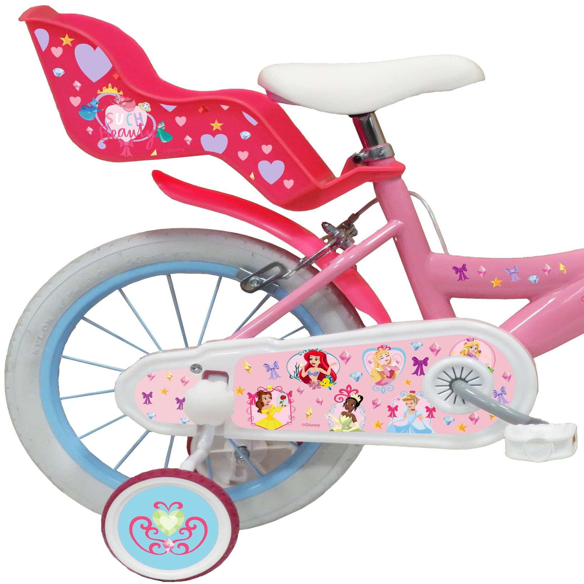 Voir la diapositive 2 : Disney Princesse Vélo enfant - Modème 14'' Princesse de Disney pour enfant de 95/110 cm avec stabilisateurs - Panier avant - Porte poupée arrière - 2 freins