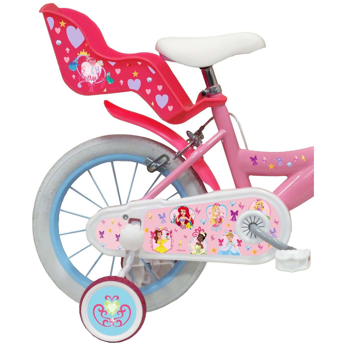 Disney Princesse Vélo enfant - Modème 14'' Princesse de Disney pour enfant de 95/110 cm avec stabilisateurs - Panier avant - Porte poupée arrière - 2 freins