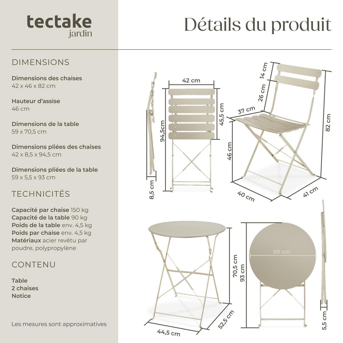 tectake Ensemble table et chaises bistrot pour 2 personnes crème